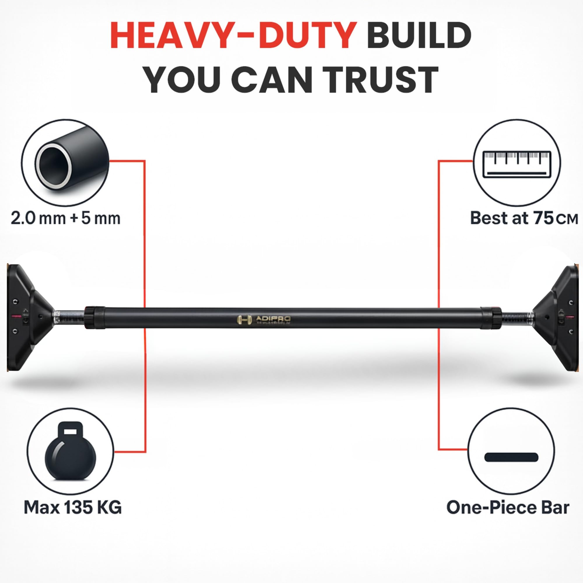 Adjustable Pull Up Bar Wall Mounted at Home and Gym | Doorway Pullup, Pushup, Hanging Workout Equipment for Kids, Women & Men | Push Up Exercise Door Rod for Strength & Height Increase (73-95 CM, Black) image 5