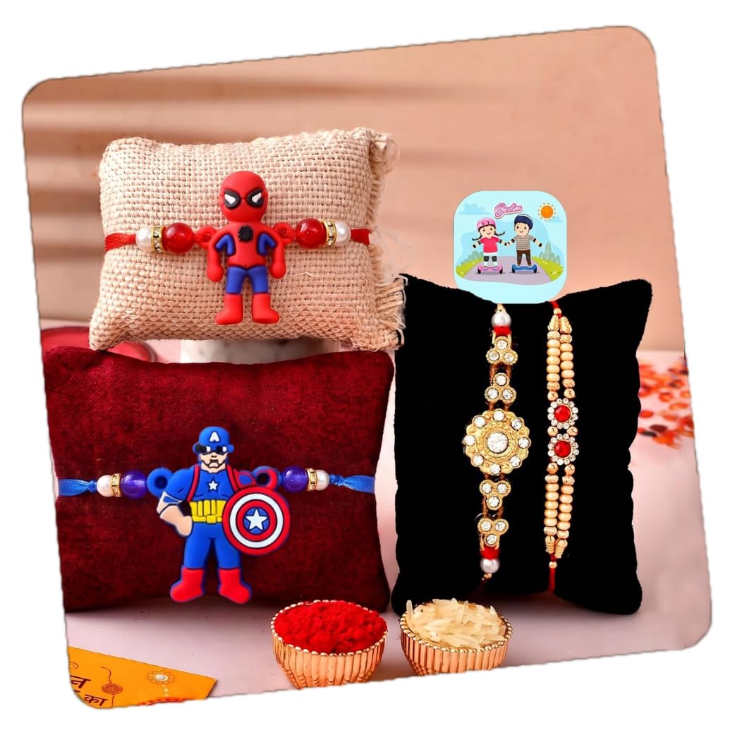 CraftVatika Magnet Rakhi Combo Set of 4 for Bhaiya Brother Bhabhi Kids 1 Fridge Magnet for Brother and Bhabhi and Kid Designer Rakhi for Family Rakshabandhan Rakhis Set