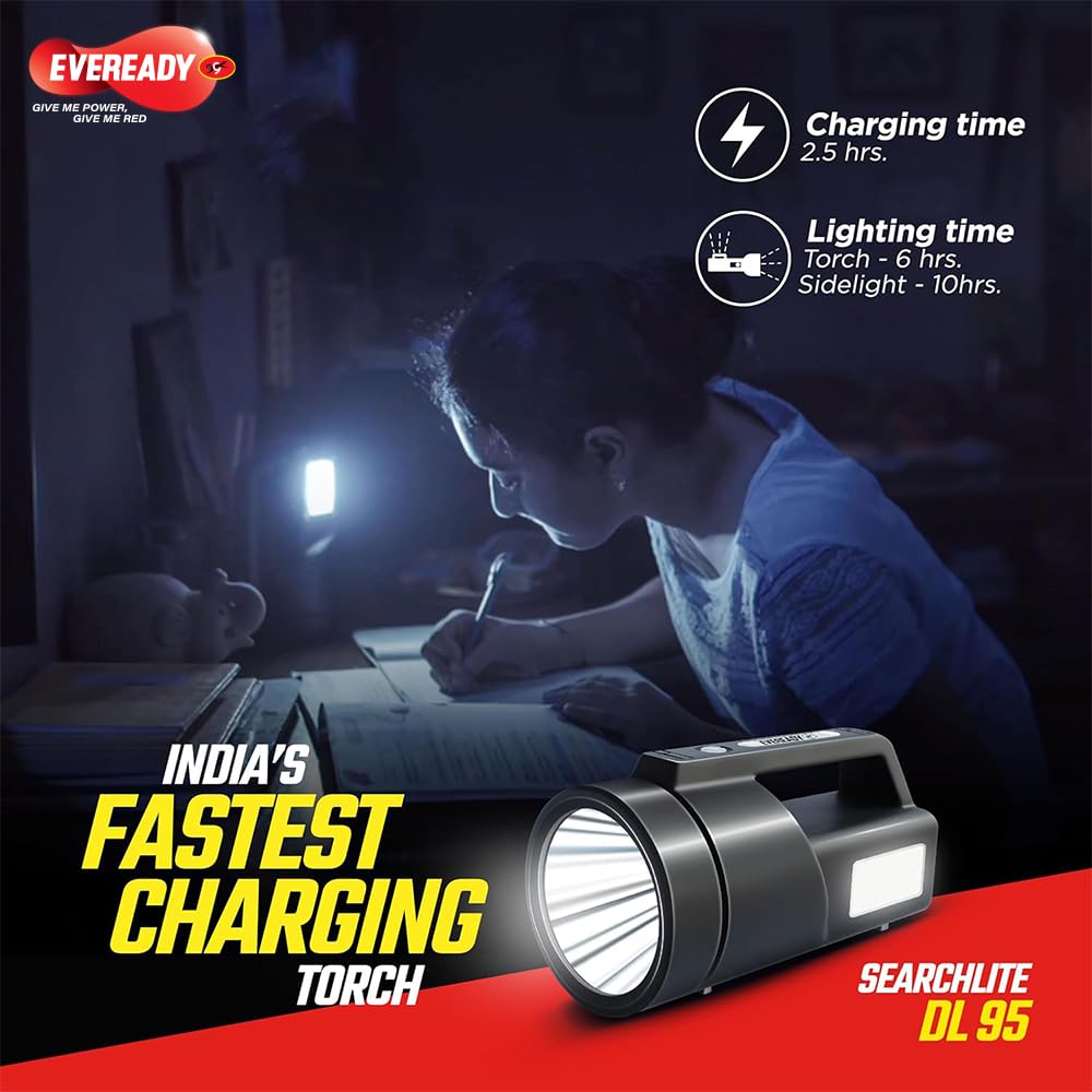 EVEREADY SEARCHLITE DL95, Rechargeable 4W Torch Cum 4W Emergency Sidelight, Type-C USB Fast Charging, Glow-in-THE-Dark Strip, Overcharge & Deep Discharge Protection | Fluorescent image 4