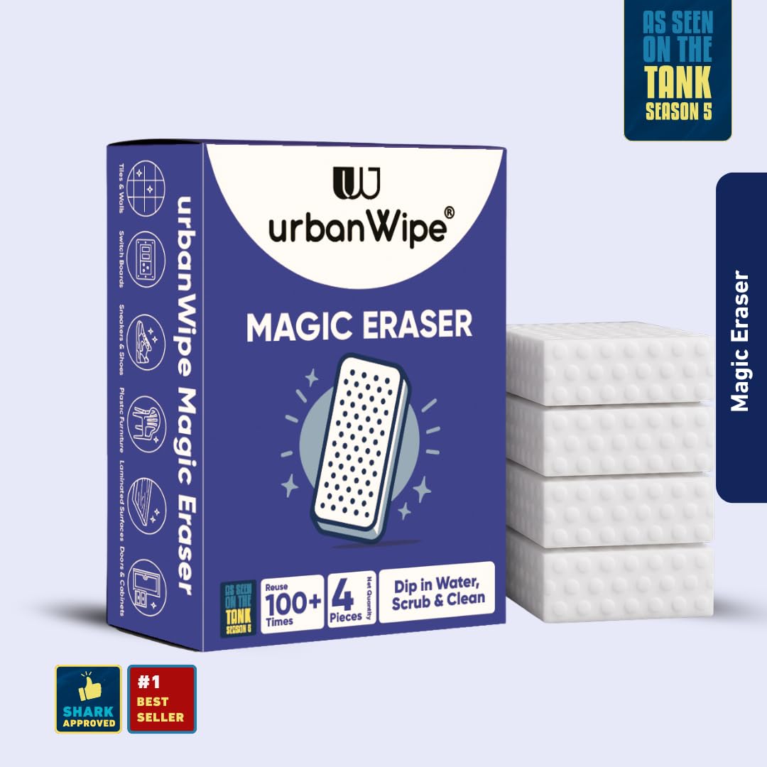 UrbanWipe Magic Eraser Cleaning Sponge | Pack of 4 | Powerful Multi-Purpose Stain Remover | No Chemicals Required | Effortlessly Cleans Walls, Kitchens, Bathrooms, Shoes, Switch Boards & More image 2