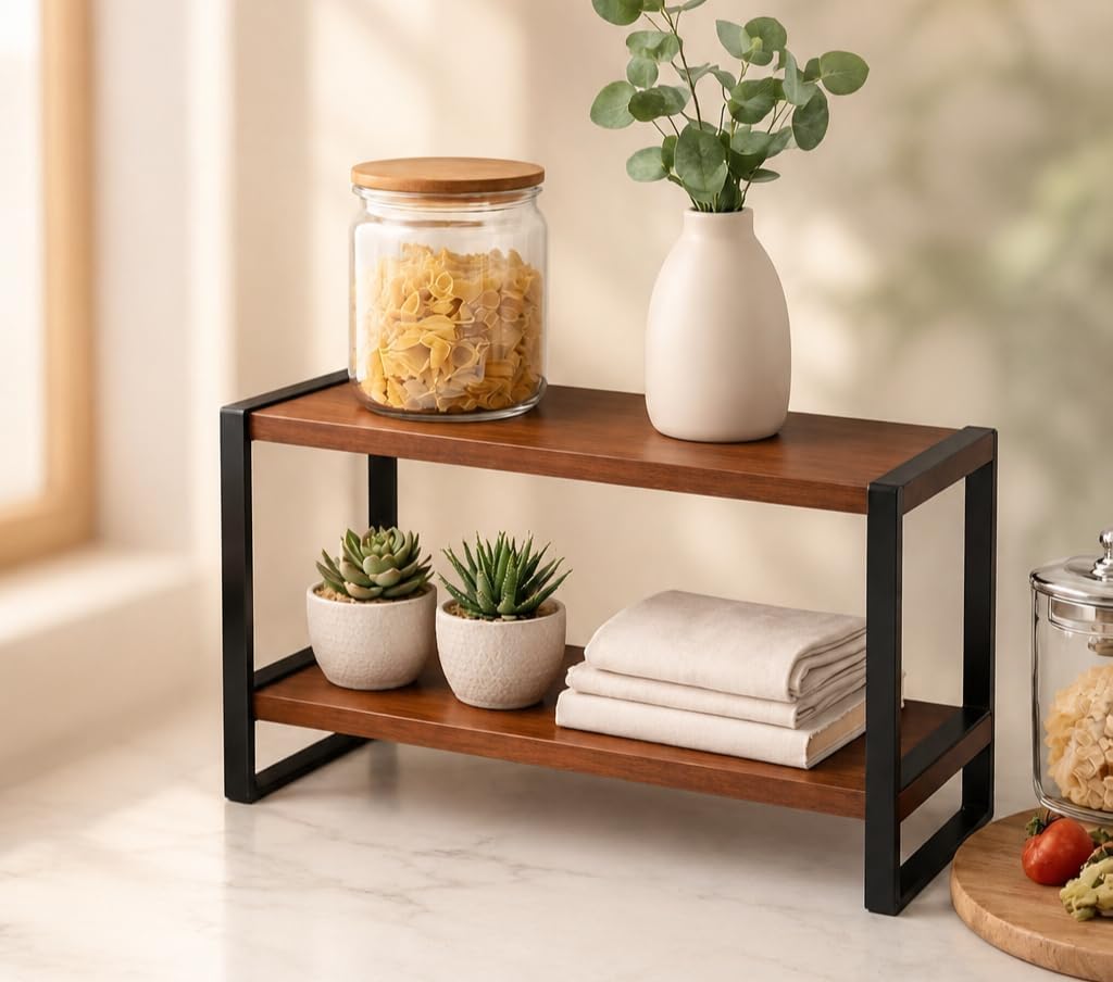 2-Tier Countertop Spice Rack, 34x15x28 cm, Wood and Metal image 4