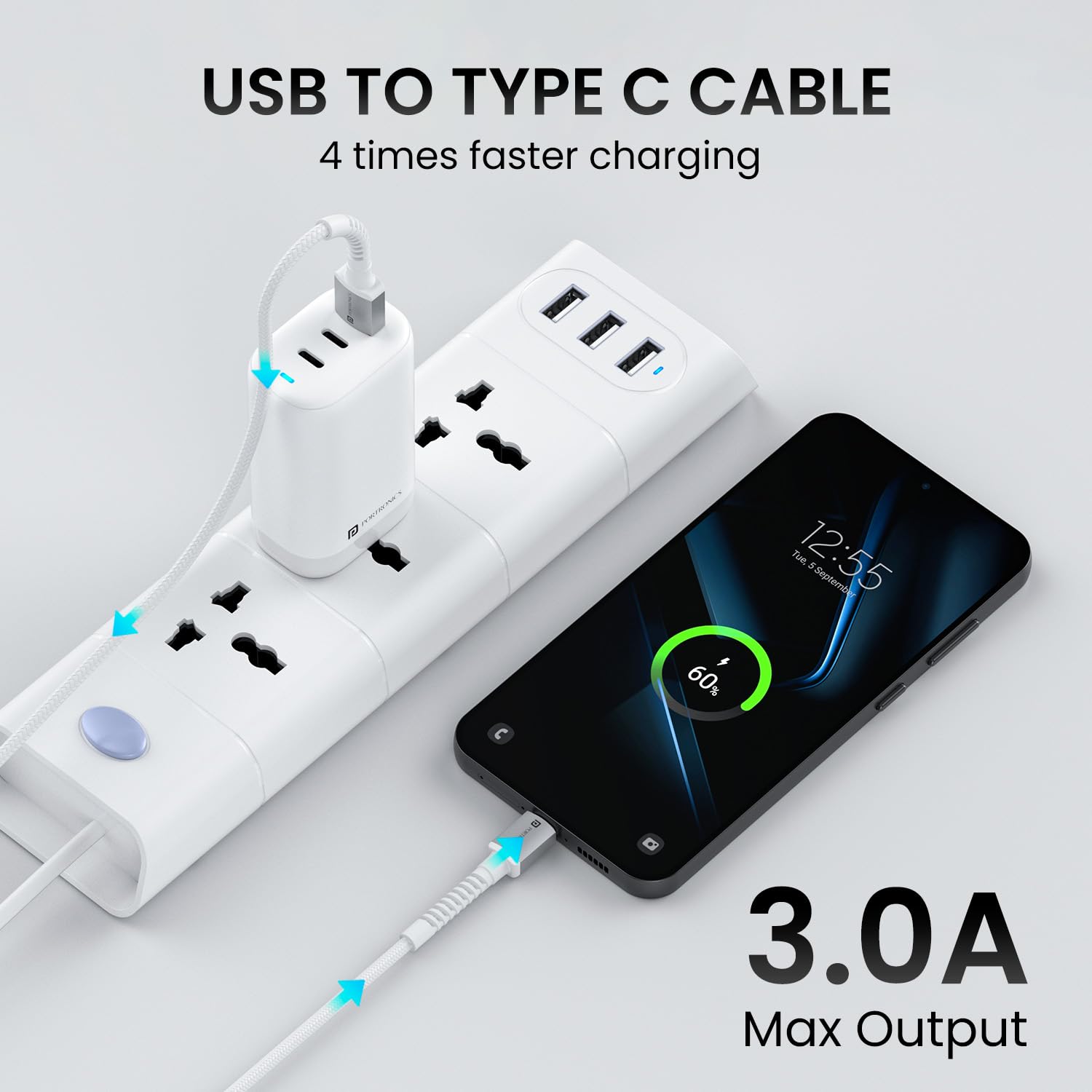 Portronics Konnect X 3A Unbreakable Nylon Braided USB to Type C Fast Charging Cable 2M Long, Supports All Type C Smartphones and Devices(White) image 5