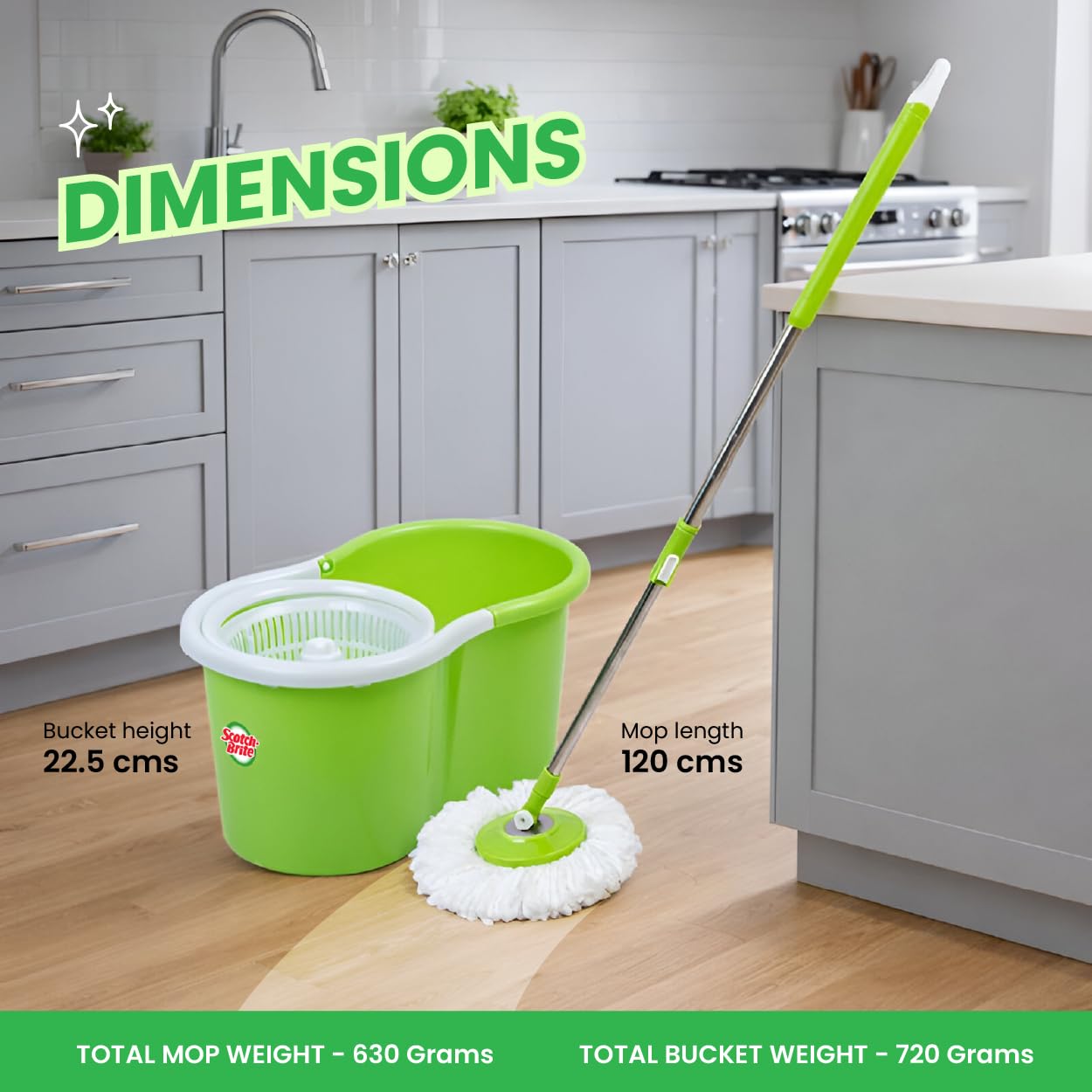 Scotch-Brite Twin Bucket Spin Mop with Easy Wring & Rinse System, 360° Adjustable Handle, High Absorbency Microfiber for Deep Cleaning on All Floor Types, 1 Extra Refill (Green) image 5
