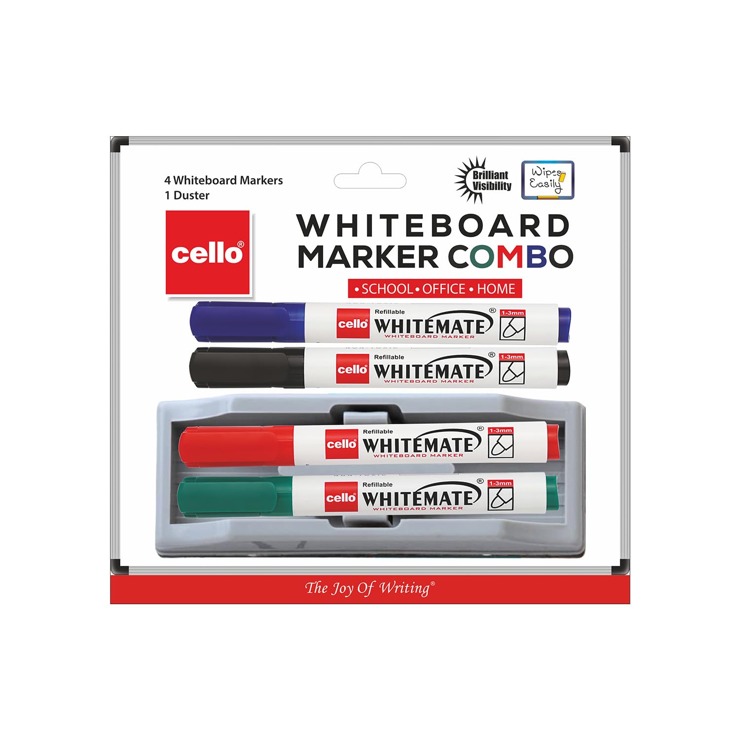 Cello Whitemate Whiteboard Markers | Set Of 4 Markers And 1 Duster | 4 Assorted Ink Colours | Bold Point Marker Pens With Easily Refillable And Erasable Ink | Writes Longer.