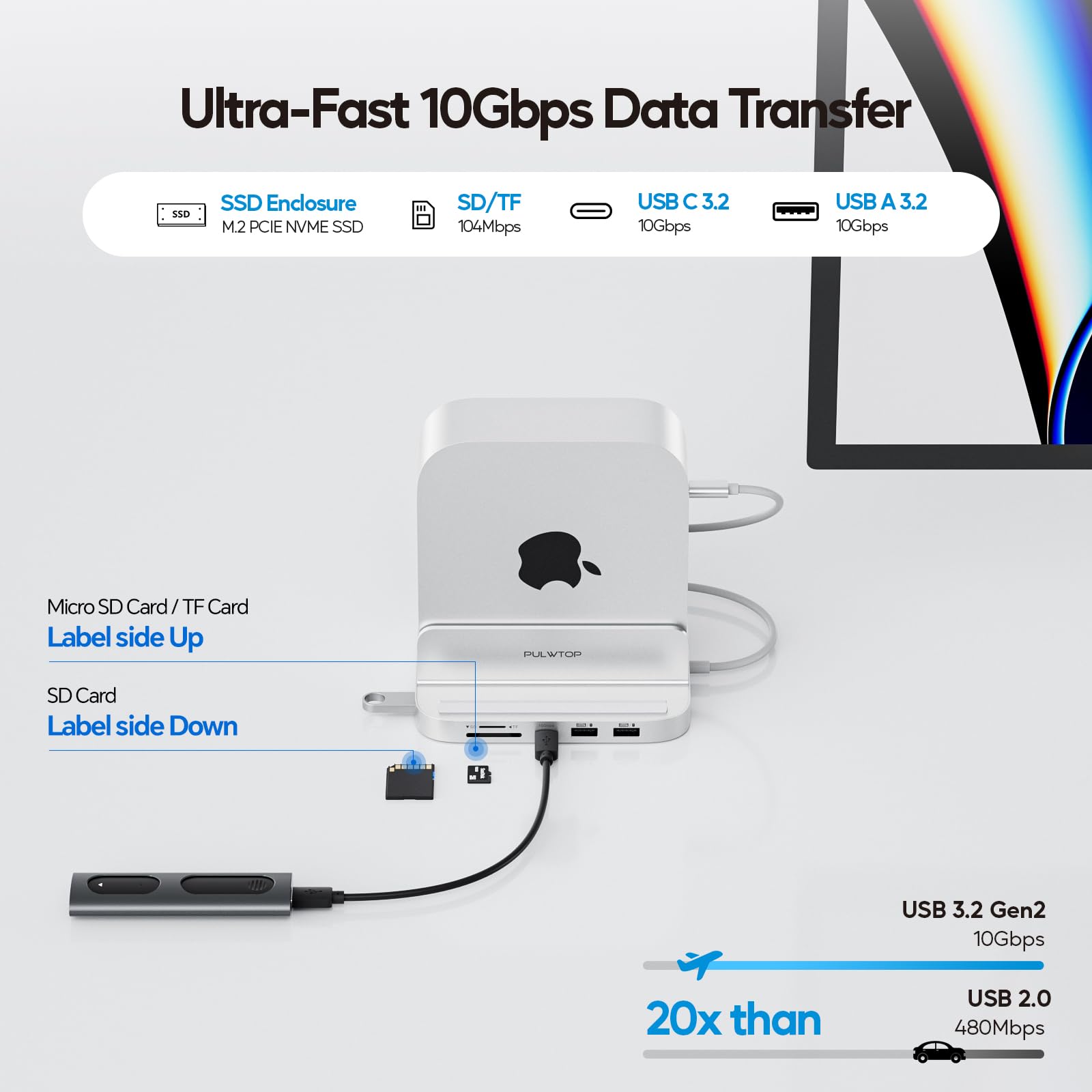 Mac mini M4 Hub with M.2 SSD Enclosure, 8-in-1 Vertical USB-C Hub Accessories for Mac mini M4 Pro 2024 Dock Stand with USB A/C 3.2 10Gbps, 2 x USB A 2.0, 3.5mm Audio Mic, SD/TF Card Readers image 4