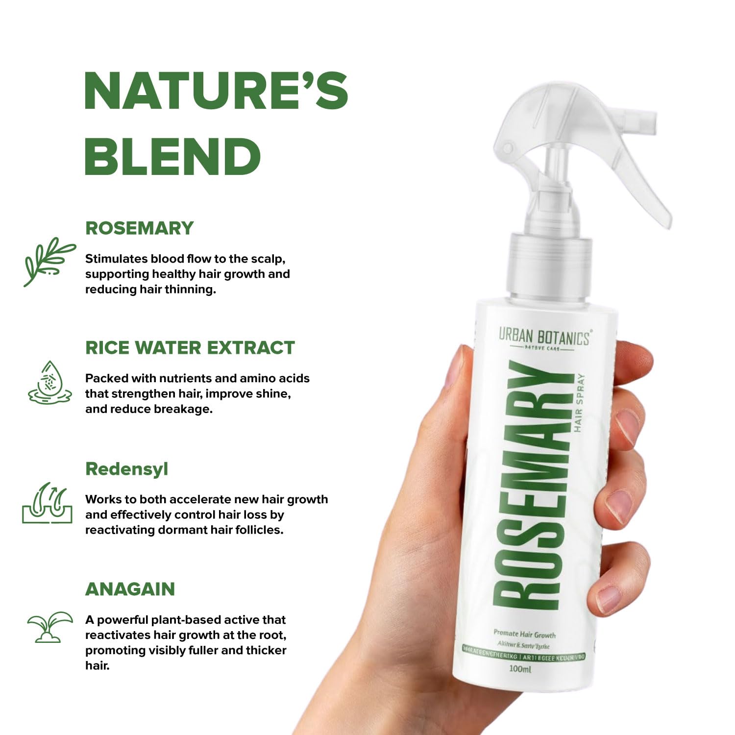 UrbanBotanics Rosemary Water Spray for Hair Growth | Rice Water Extract ,Redensyl & Anagain | Hair Regrowth | Instant Shine | Strengthens Hair Roots & Strand | Anti Hair Fall Cooling & Relaxing | All Hair Types, 100ml image 2