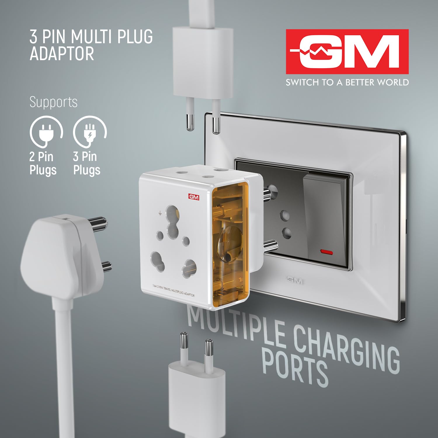 GM 3050 16 Amp 3 Pin Multi Plug Travel Adaptor - Universal Power Adapter Suitable for Class I & II Electrical Appliances, White image 4