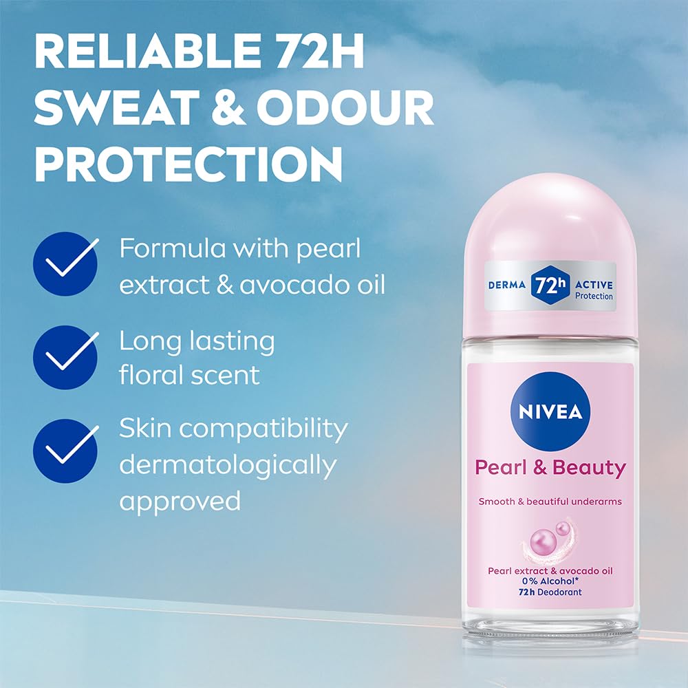 NIVEA Pearl and Beauty 50ml Deo Underarm Roll On | With Pearl Extracts & Avocado Oil | 72 H Long Lasting Floral Scent | 0% Alcohol and Dermat Approved | For Women image 3