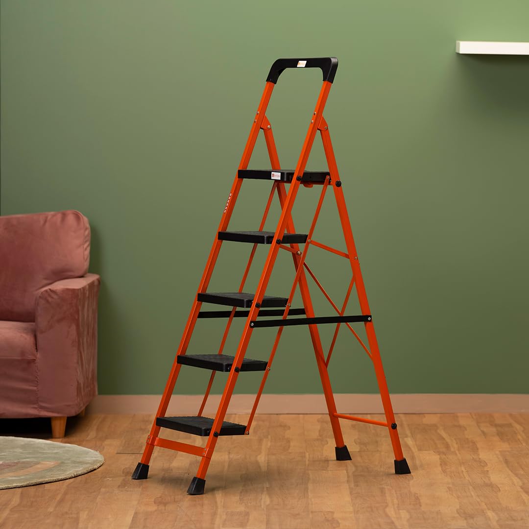 BonKaso Climb Easy 5 Step Heavy Duty Steel Folding Climbing Ladder for Home, Home & Office – with Safety Lock, Anti-Slip Wide Durable Plastic Steps, Support Handle & Tool Tray (Orange & Black) image 5