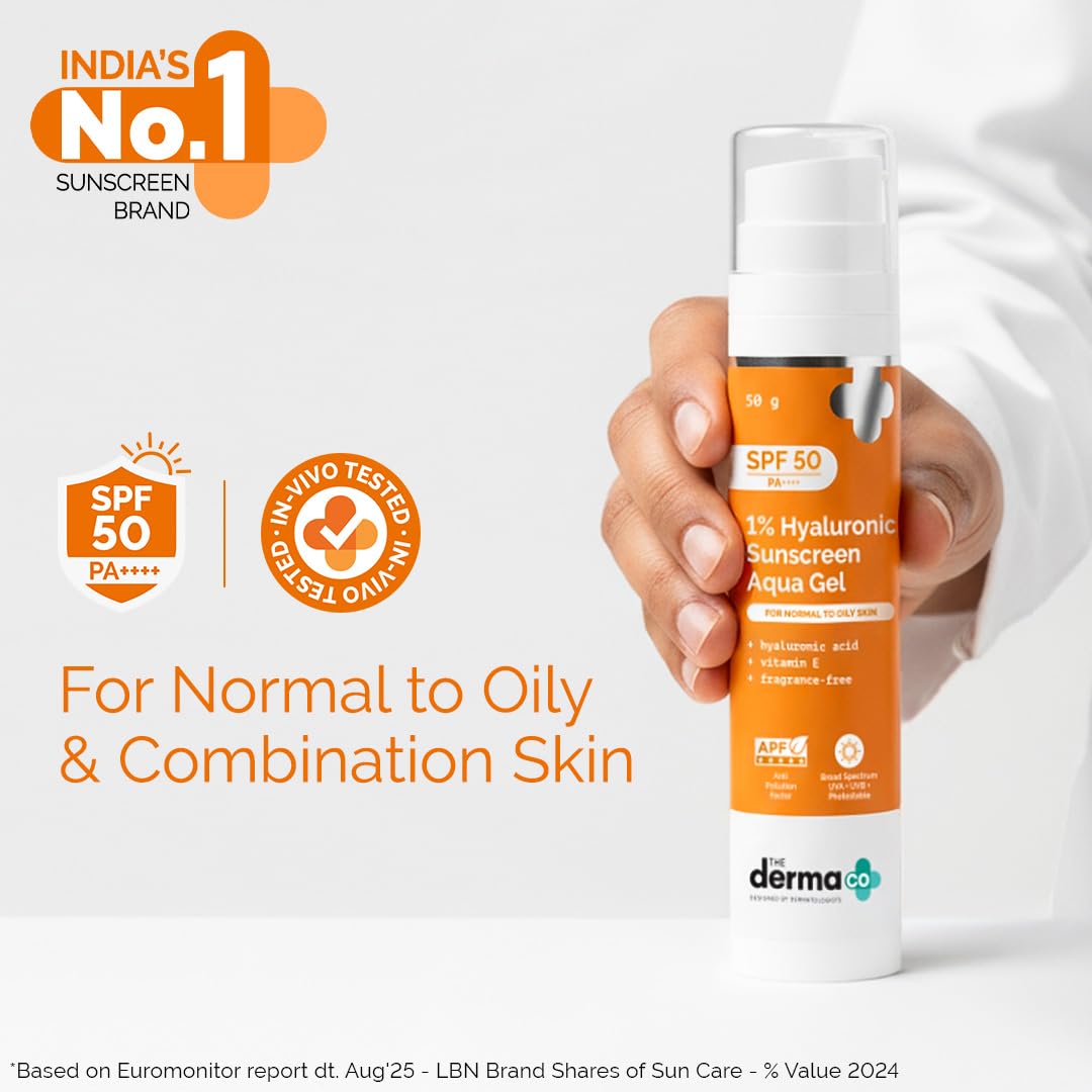 The Derma Co 1% Hyaluronic Sunscreen Aqua Gel SPF 50 PA++++ | Hydrating, Lightweight & Non-Greasy | No White Cast | Broad Spectrum & Blue Light Protection | Clinically Tested - (In-Vivo) | 50 g image 3