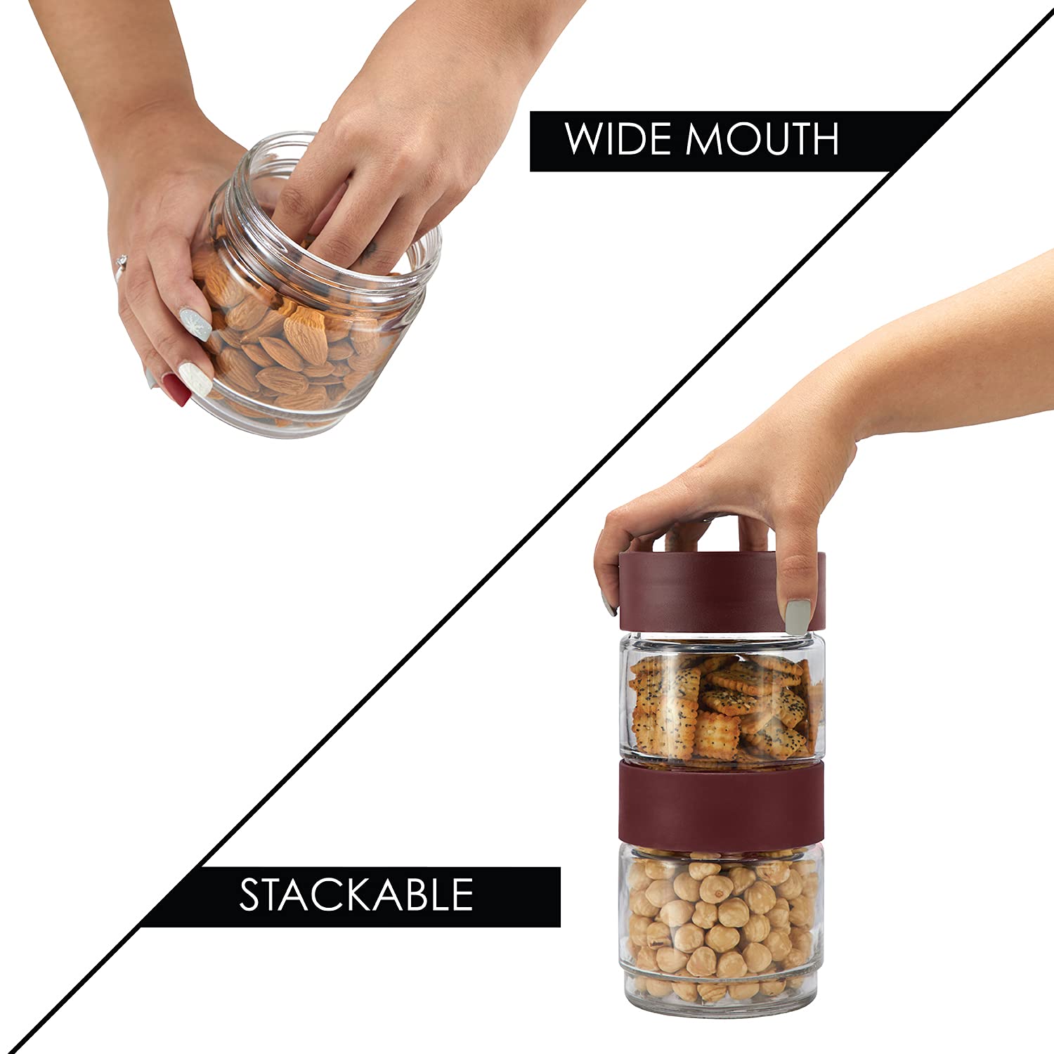 CELLO Modustack Glassy Storage Jar Set of 3 (500ml x 2 + 1000ml), Maroon | Glass Jar with Lid | Stackable | For Grains, Pulses, Spice, Cereals, Cookies, Dry Fruits | Fridge Storage Container image 5