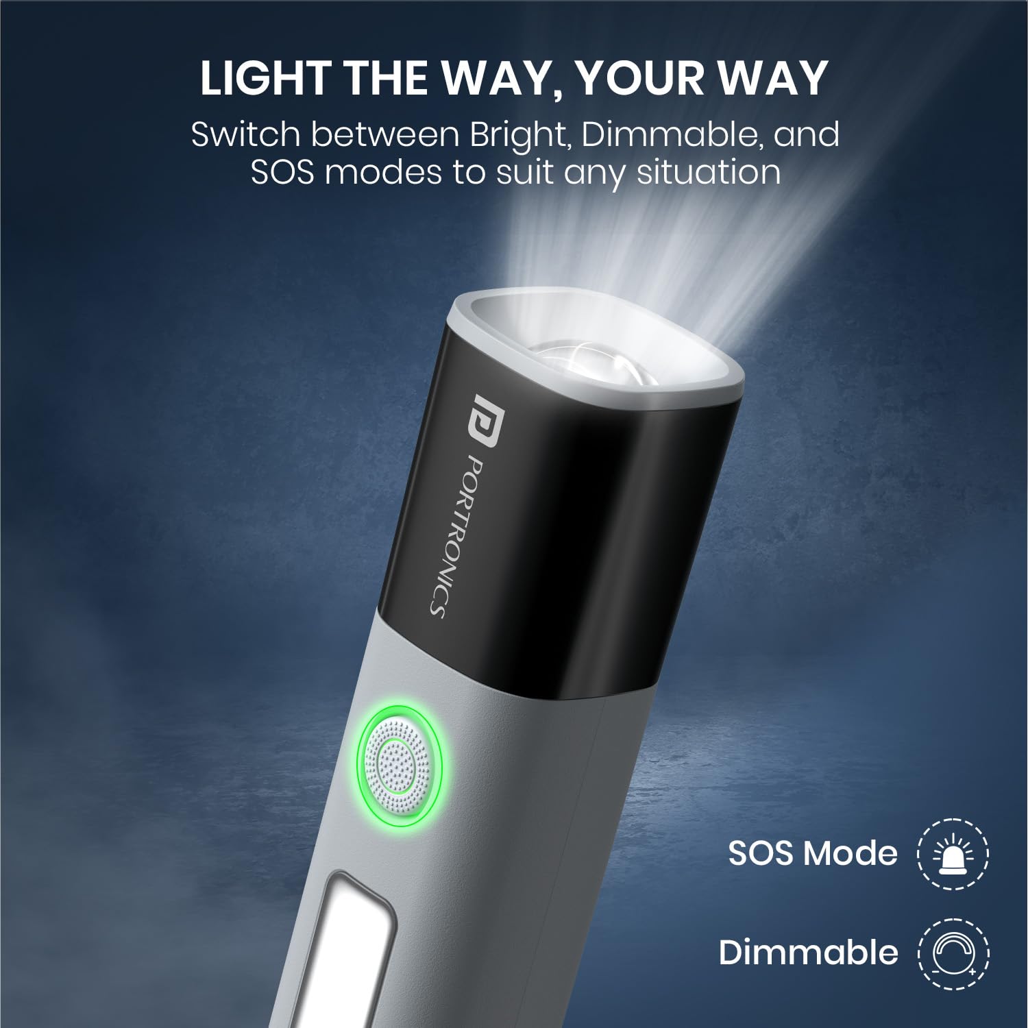 Portronics Eco Glow 2 Tactical Rechargeable Flashlight Torch for Car & Road Emergencies, Adjustable Focus with Telescopic Zoom, Dual Brightness & SOS Modes, 1200mAh Battery for Camping & Hiking image 5