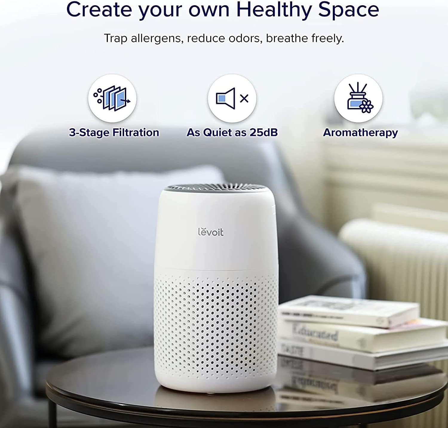 LEVOIT Core Mini Air Purifier For Coverage Area 183 Sq Ft, H13 Truehepa Filter, Remove 99.97% Dust, Smoke, & Pollen, With Fragrance Sponge, (2 Years Warranty), White image 3