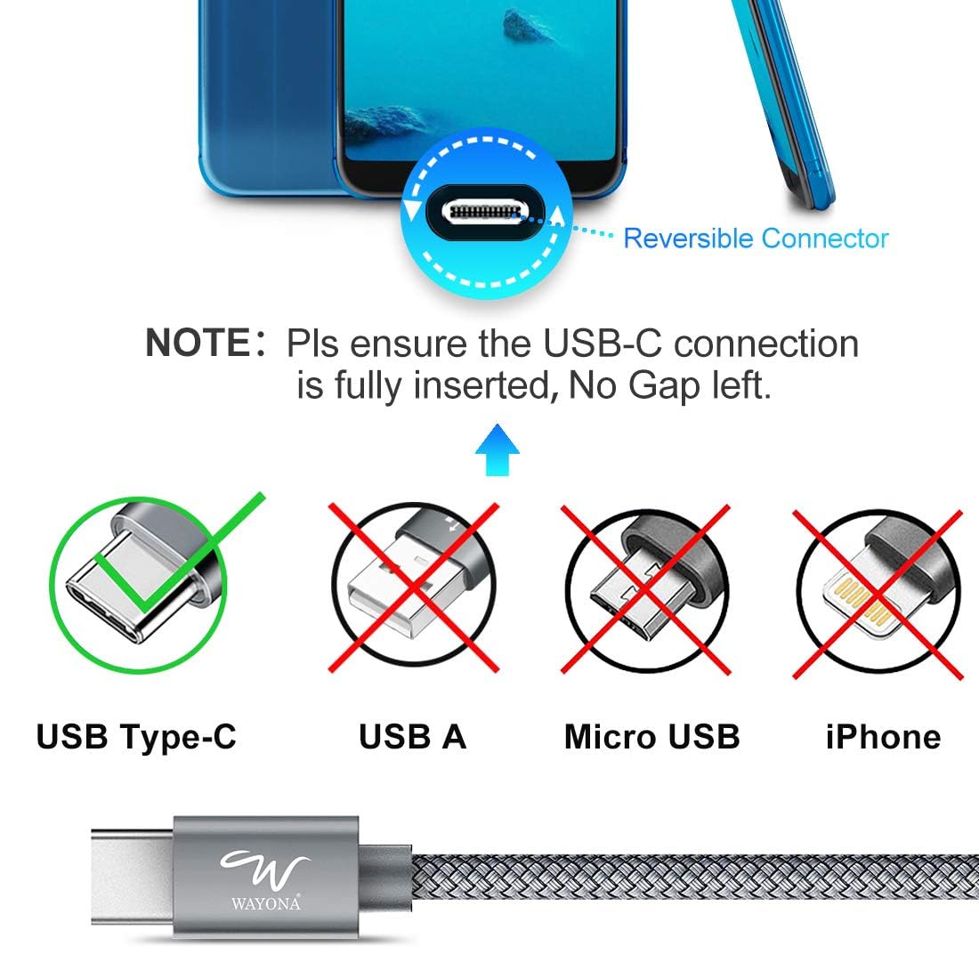Wayona Type C to Type C 6FT/2M 65W Long Fast Charging Cable Compatible with iPhone 17, Air, iPhone 16,15 Pro/Max Series Macbook Air/Pro Samsung Galaxy S25, Ultra/S24/ S23 Flip Fold OnePlus (2M, Grey) image 2