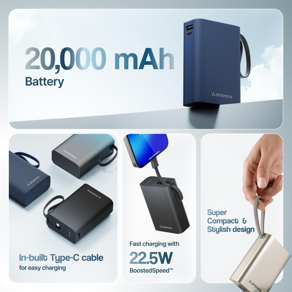 Ambrane 20000mAh Small Pocket Size Powerbank, Hanging InBuilt Type C Cable, 22.5W Fast Charging, Type C PD & USB Output for iPhone, Android Mobiles & Other Devices (MiniCharge 20, Black-Blue) image 2
