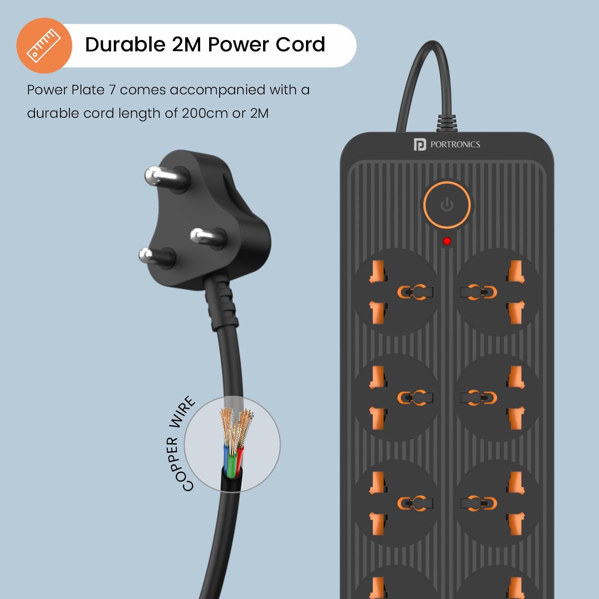 Portronics Power Plate 7 with 6 USB Port + 8 Power Sockets Smart Electric Universal Extension Board Multi Plug with 2500W, 2Mtr Cord Length, 2.1A USB Output(Black) image 2