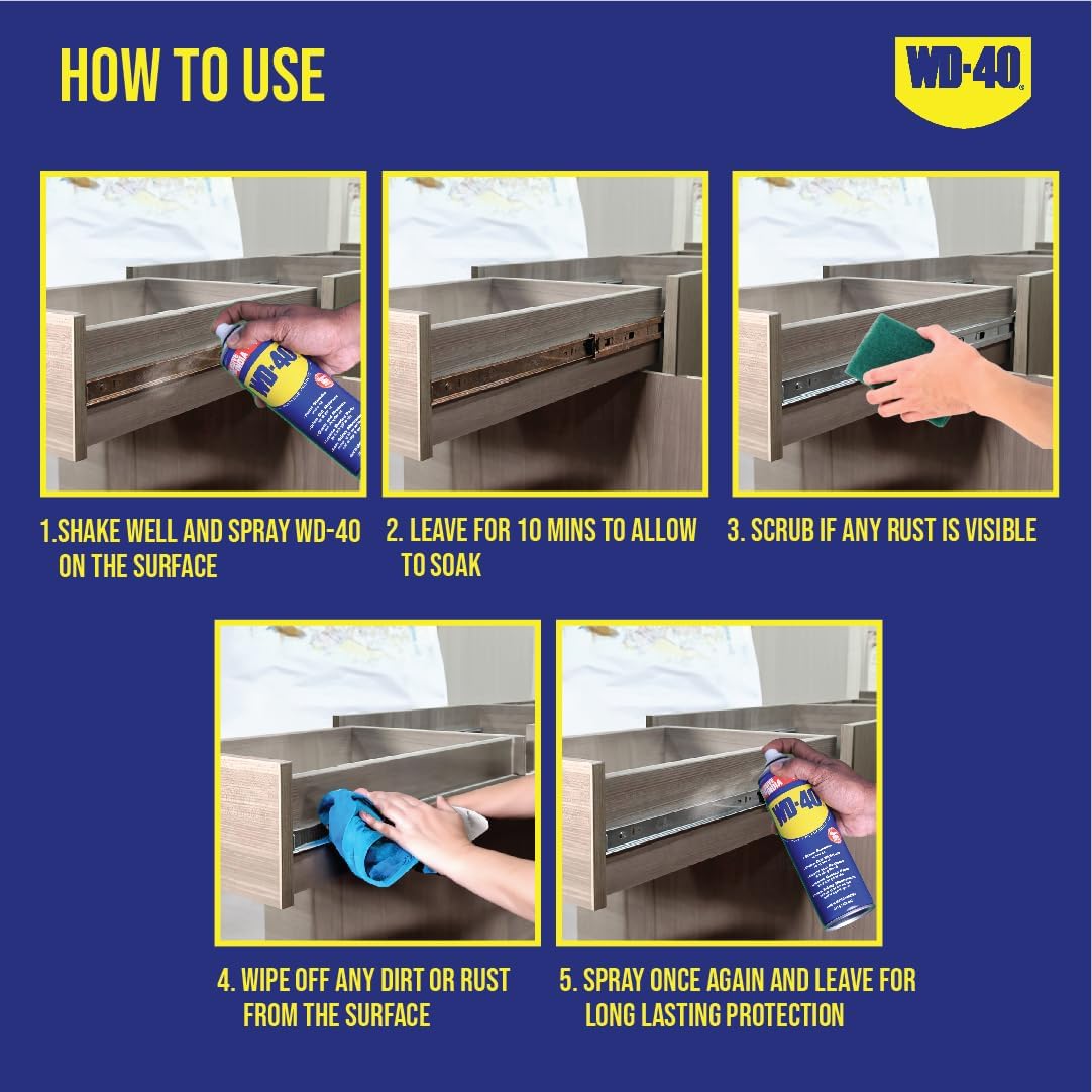 WD-40 Multipurpose Spray, Lubricant, Rust Remover, Cleans Bike Chains, Squeak Noise, Stain Remover, Cleaning Agent, 170g image 2