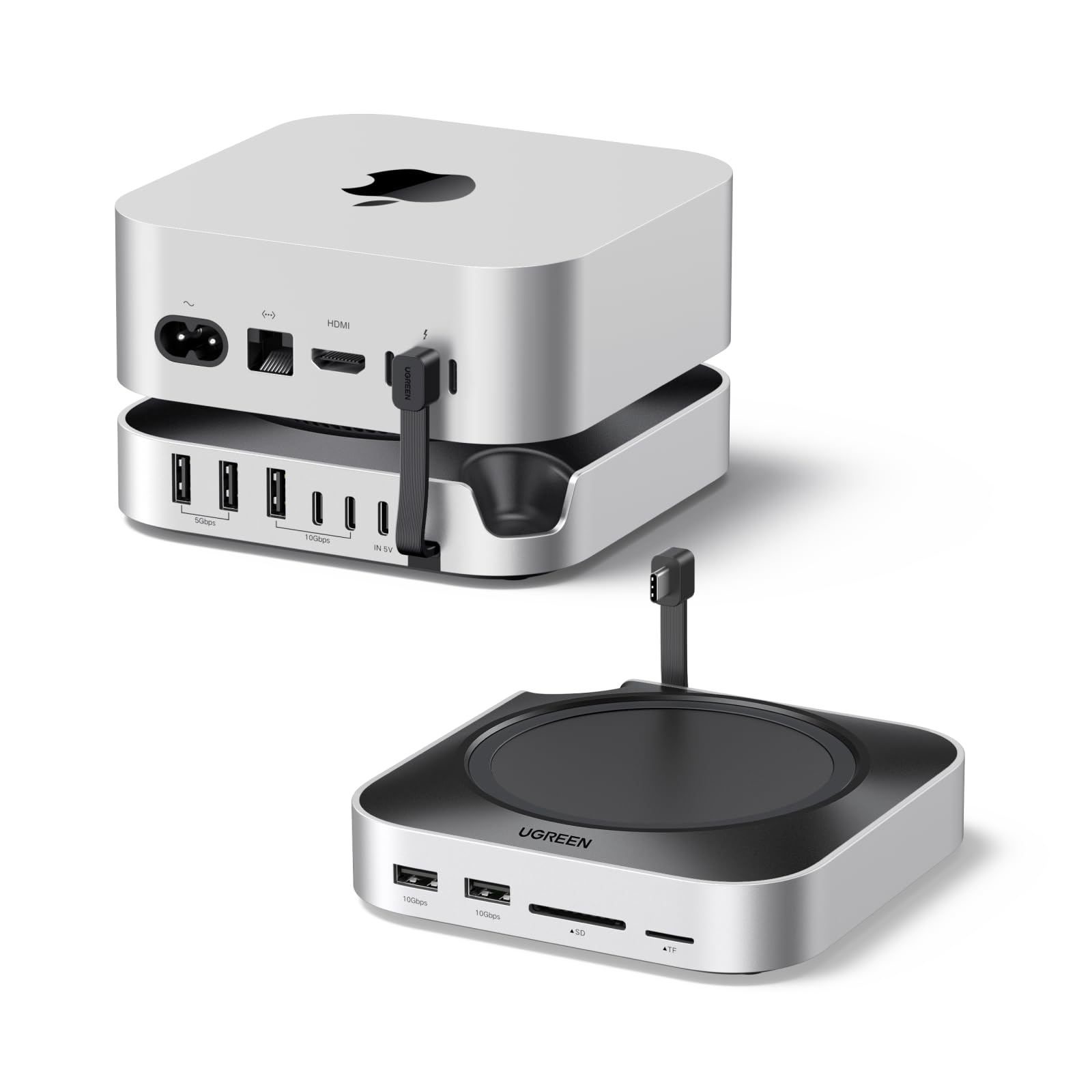 UGREEN Mac mini M4 Dock, 11-in-1 USB C Hub with 8TB M.2 NVMe Enclosure 10Gbps, 5X USB-A and 2X Type C Data Ports, SD/TF Card Slot, Docking Station & Stand for Mac mini M4/M4 Pro