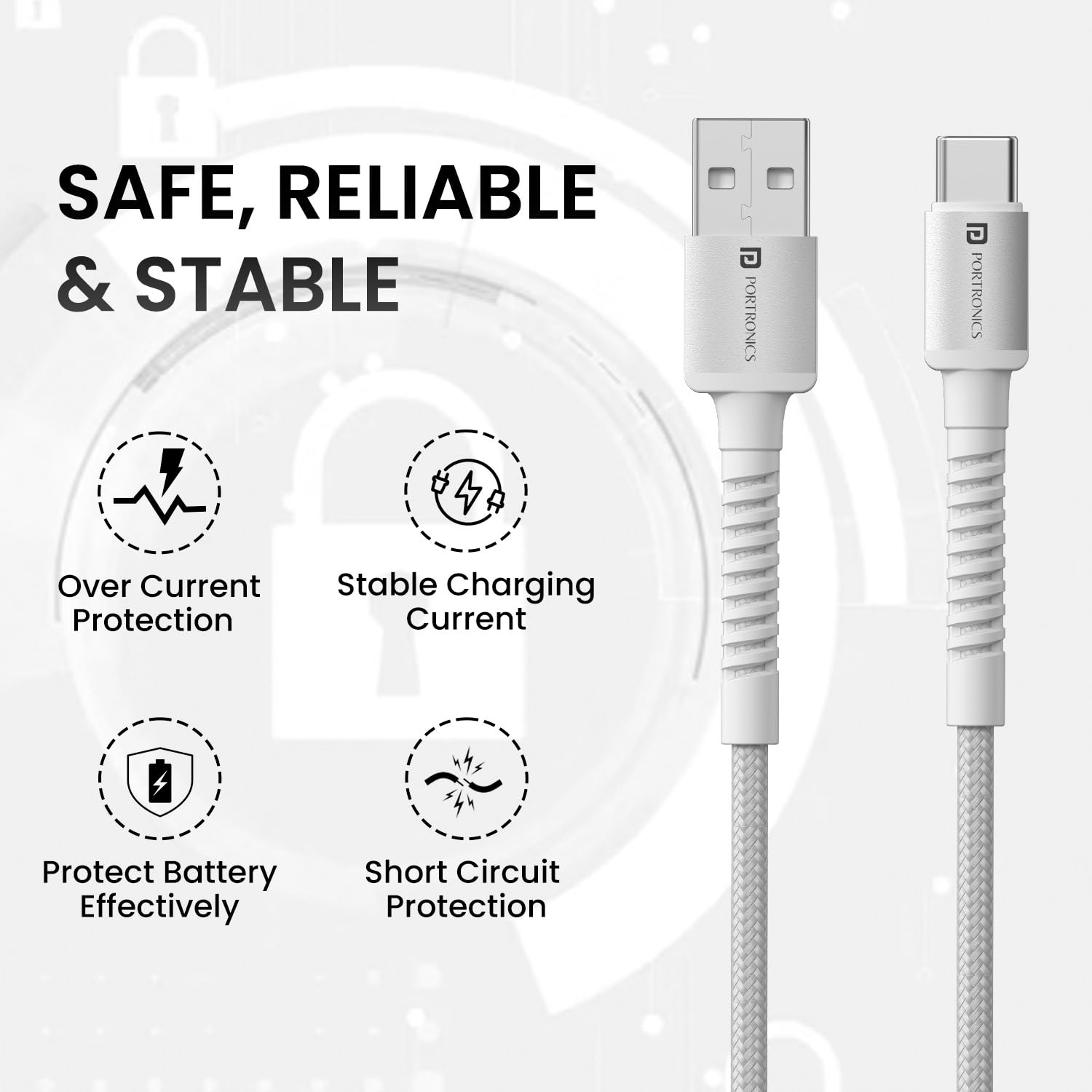 Portronics Konnect X 3A Unbreakable Nylon Braided USB to Type C Fast Charging Cable 2M Long, Supports All Type C Smartphones and Devices(White) image 2