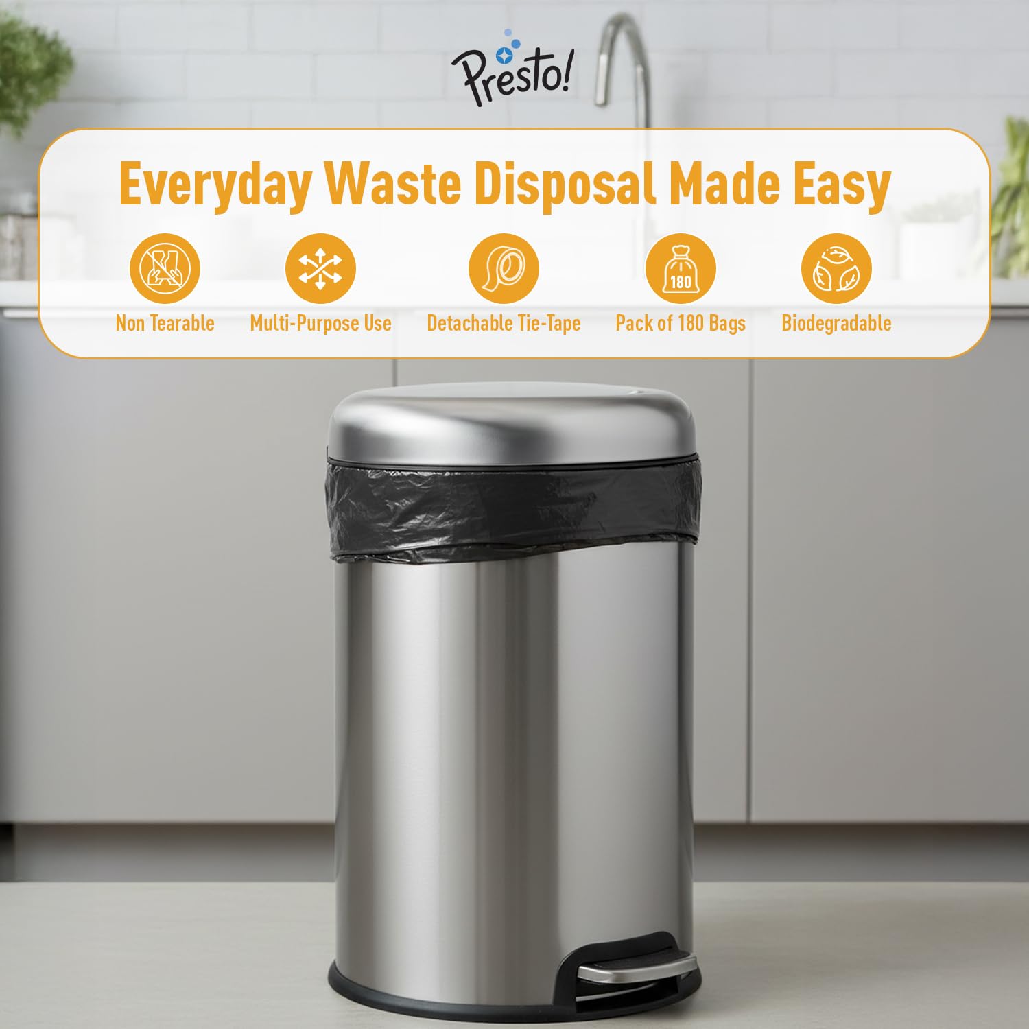Amazon Brand - Presto! Garbage Bags | Small | 180 Count | 30 Bags X 6 Rolls | 17 X 19 Inches | For Dry & Wet Waste | Black image 2