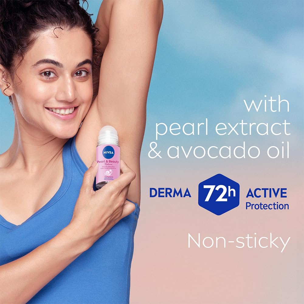 NIVEA Women Pearl & Beauty Radiance Deodorant Roll On | Underarm Deodorant with Pearl Extract & Avocado Oil for Smooth, Beautiful & Even-Toned Underarms | 72H Odour Protection, 0% Alcohol, 50 ml image 4