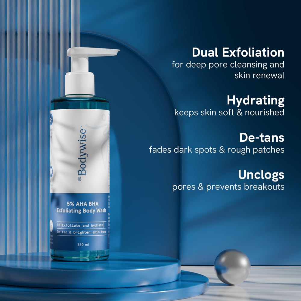 Be Bodywise 5% AHA BHA De-Tan Exfoliating Body Wash 250ml | For Body Acne, Strawberry Skin, De-Tan | Infused with 3% Lactic Acid, 1% Salicylic Acid, 1% Glycolic Acid | Non-Drying, Paraben Free image 3