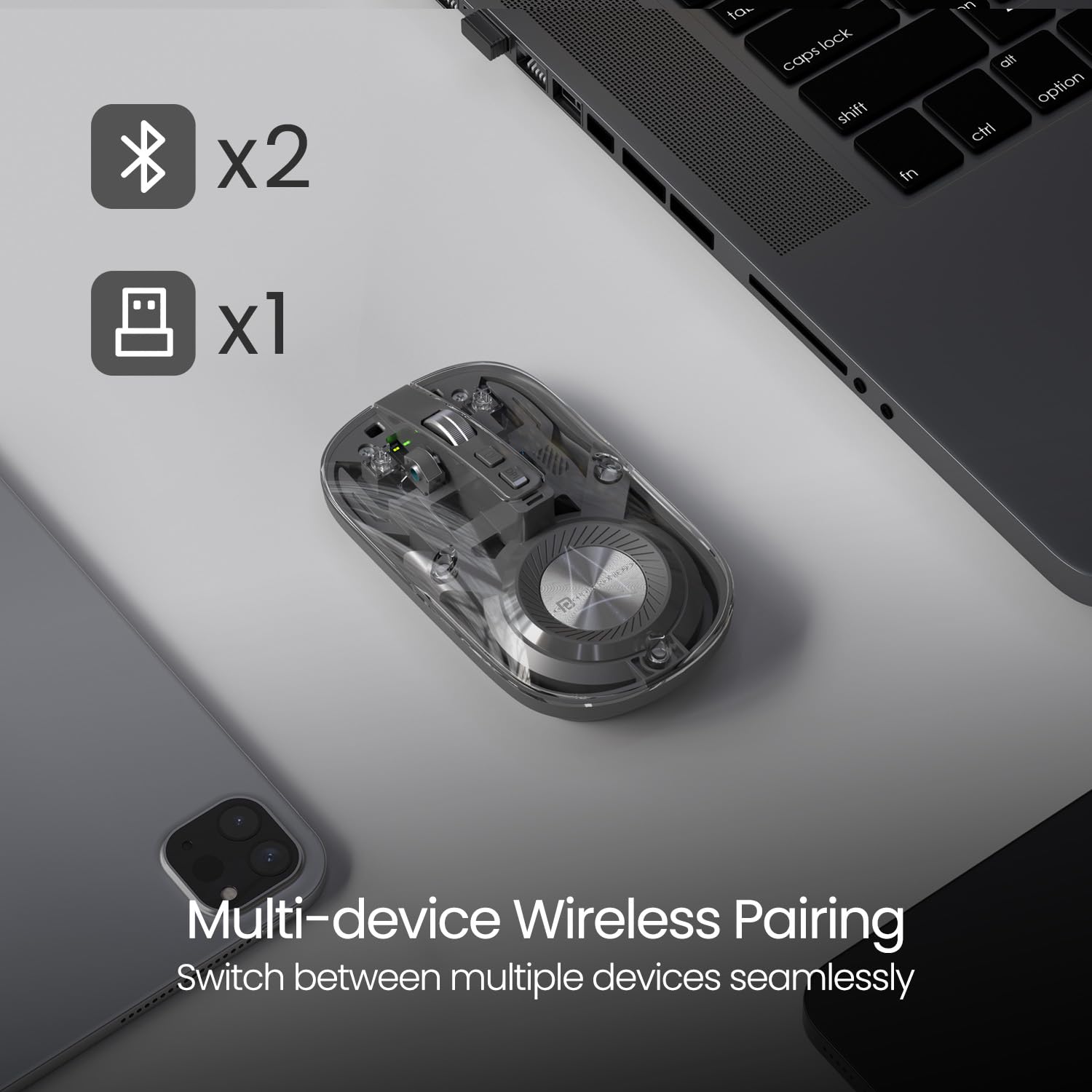 Portronics Toad 8 Transparent Wireless Bluetooth Mouse with Dual Wireless (BT + 2.4 GHz), Rechargeable Battery, Noise-Free Clicking, Show/Hide Desktop, Multi-Device Pair, Adjust Sensitivity (Grey) image 5