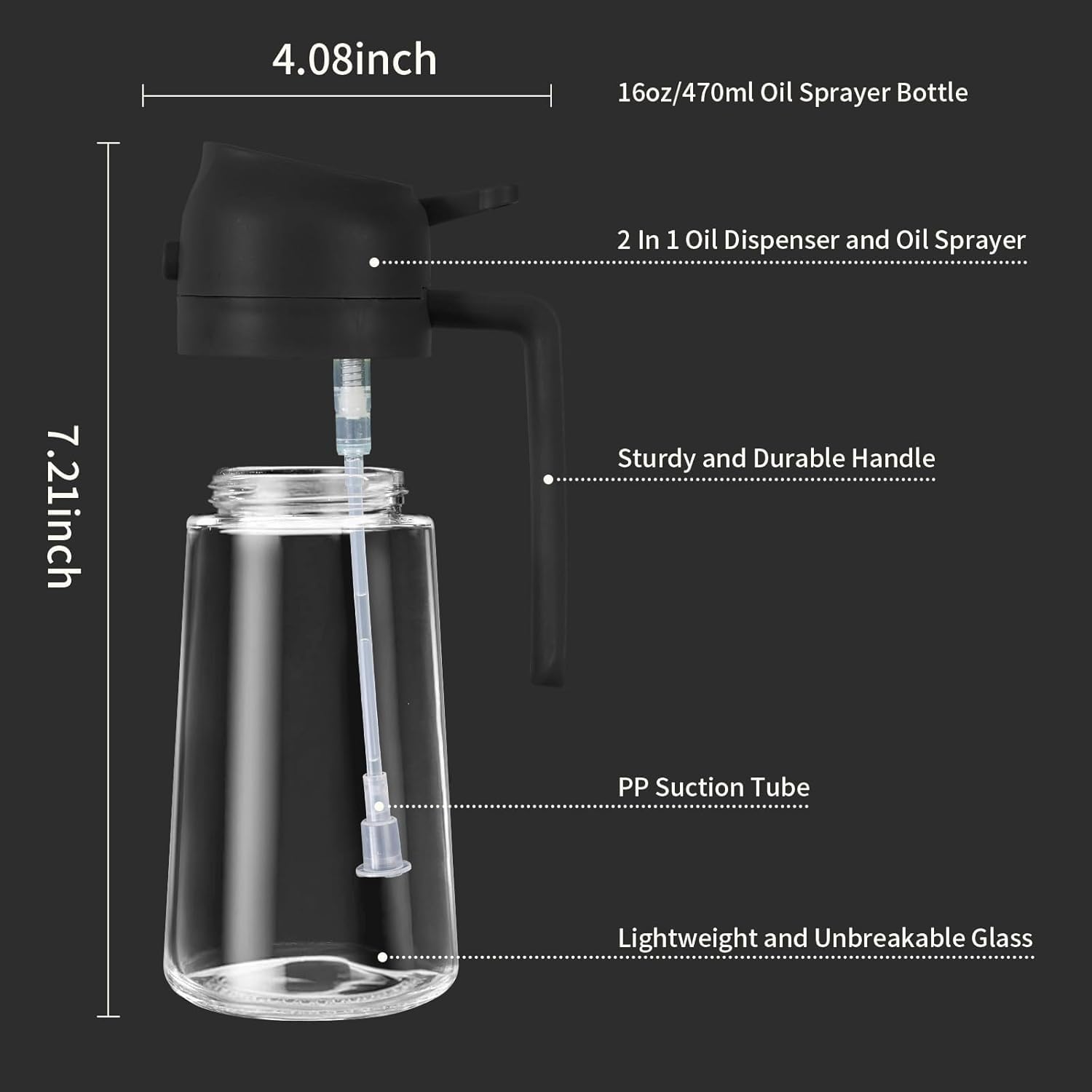 Glass Oil Sprayer and Dispenser Bottle, 500ml Capacity, 2-in-1 Design, Black image 4