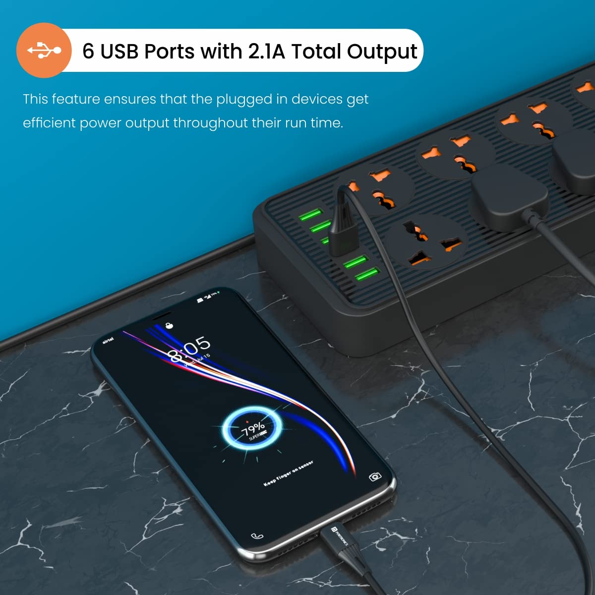 Portronics Power Plate 7 with 6 USB Port + 8 Power Sockets Smart Electric Universal Extension Board Multi Plug with 2500W, 2Mtr Cord Length, 2.1A USB Output(Black) image 4