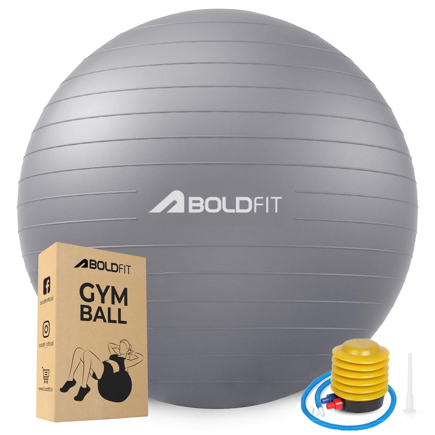 Boldfit Gym Ball for Exercise with Foot Pump for Workout Yoga for Women and Men Swiss Ball for Balance Stability Training, Fitness 65cm-Grey