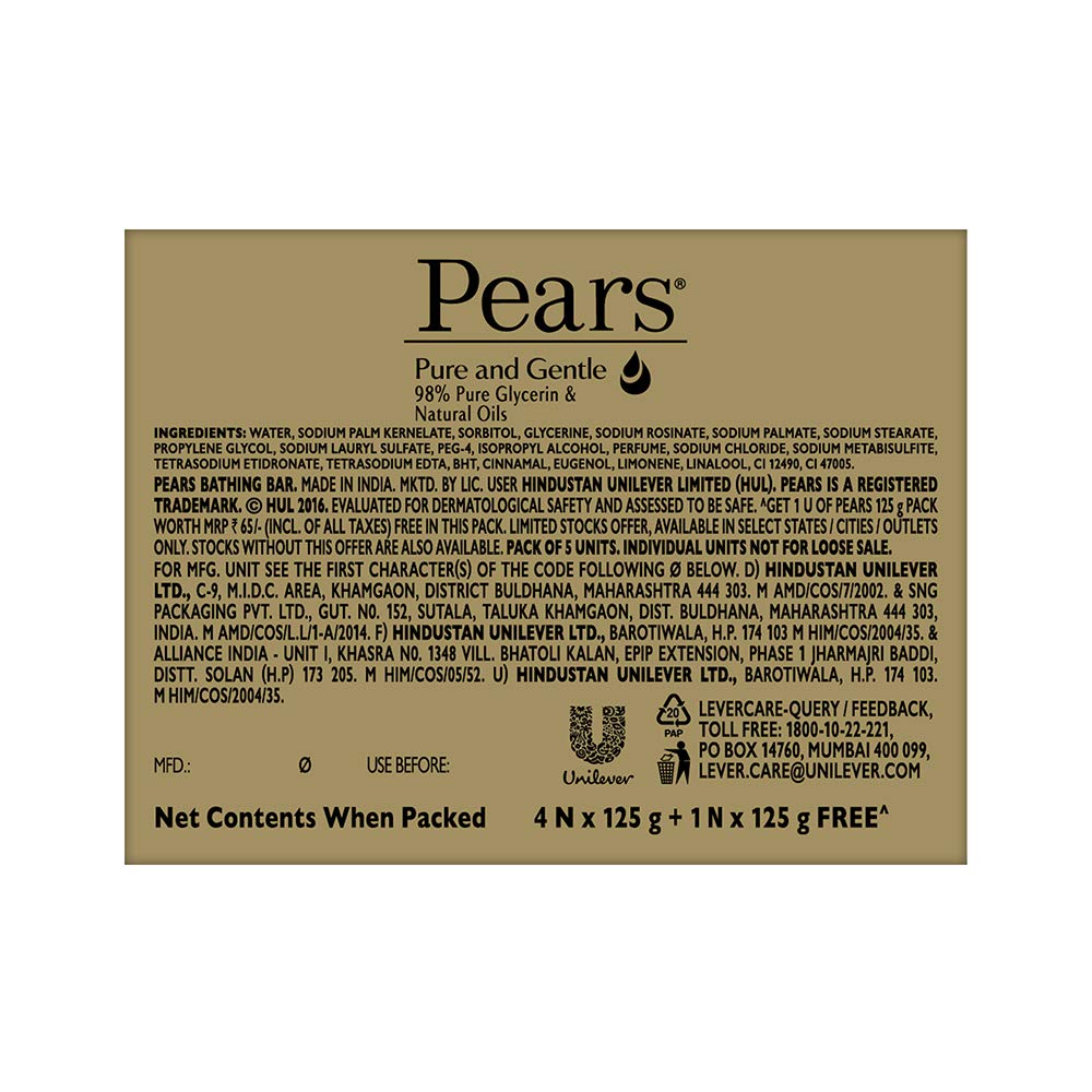 Pears Original Glycerin Soap Bar - Pure & Gentle Glow | With 98% Pure Glycerin | For Hydration & Glow | With Plant Based Cleanser for Skin & Body | Paraben-free | 125gms x 5 image 2