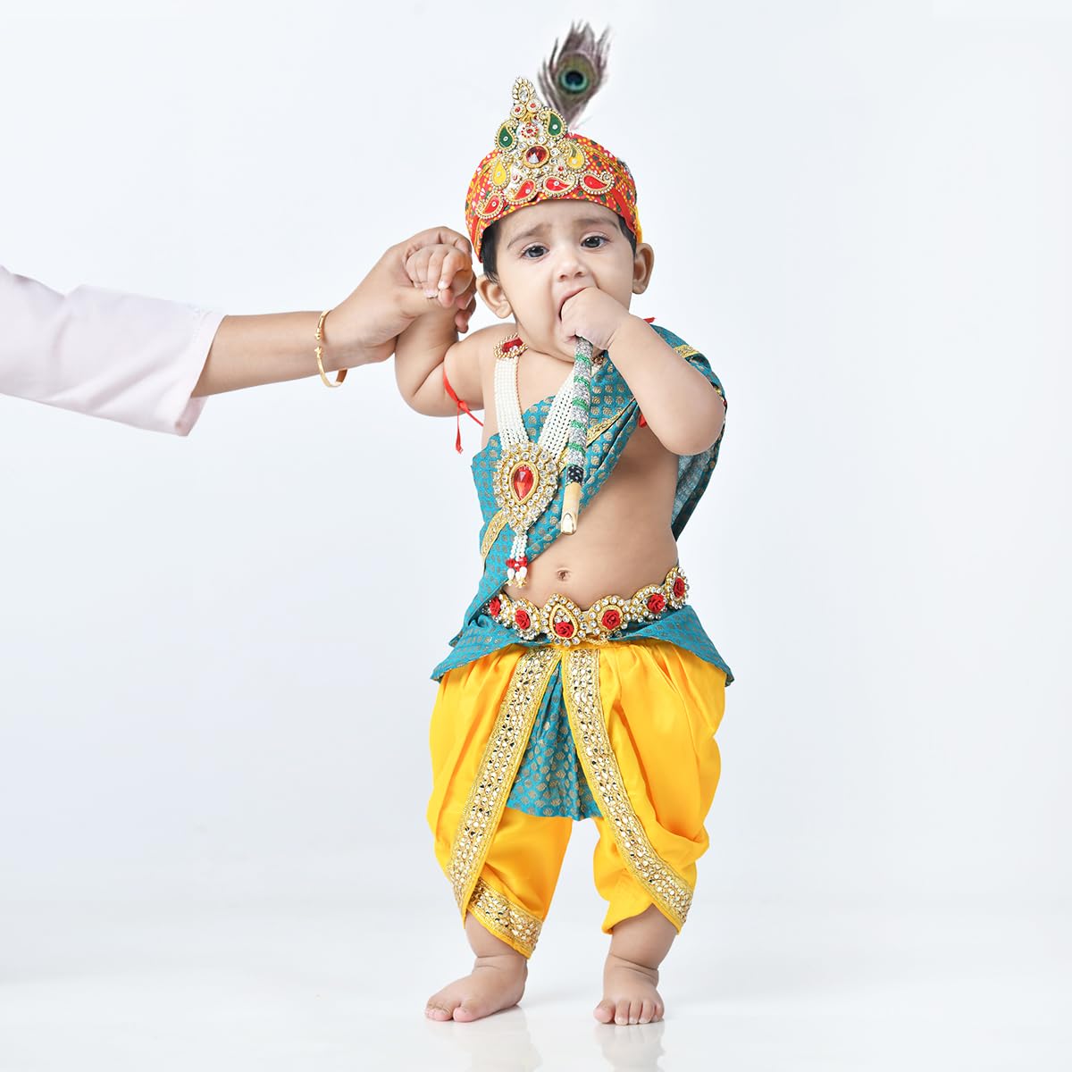 ITSMYCOSTUME Krishna Dress for Baby Boy Kids Set of 10(Dhoti,Hip Cover,Patka,Mukut,Morpankh,Bansuri,Kamarband,Bajuband,Kundal) Little Krishna Ji Kanha Janmasthmi Costume image 3