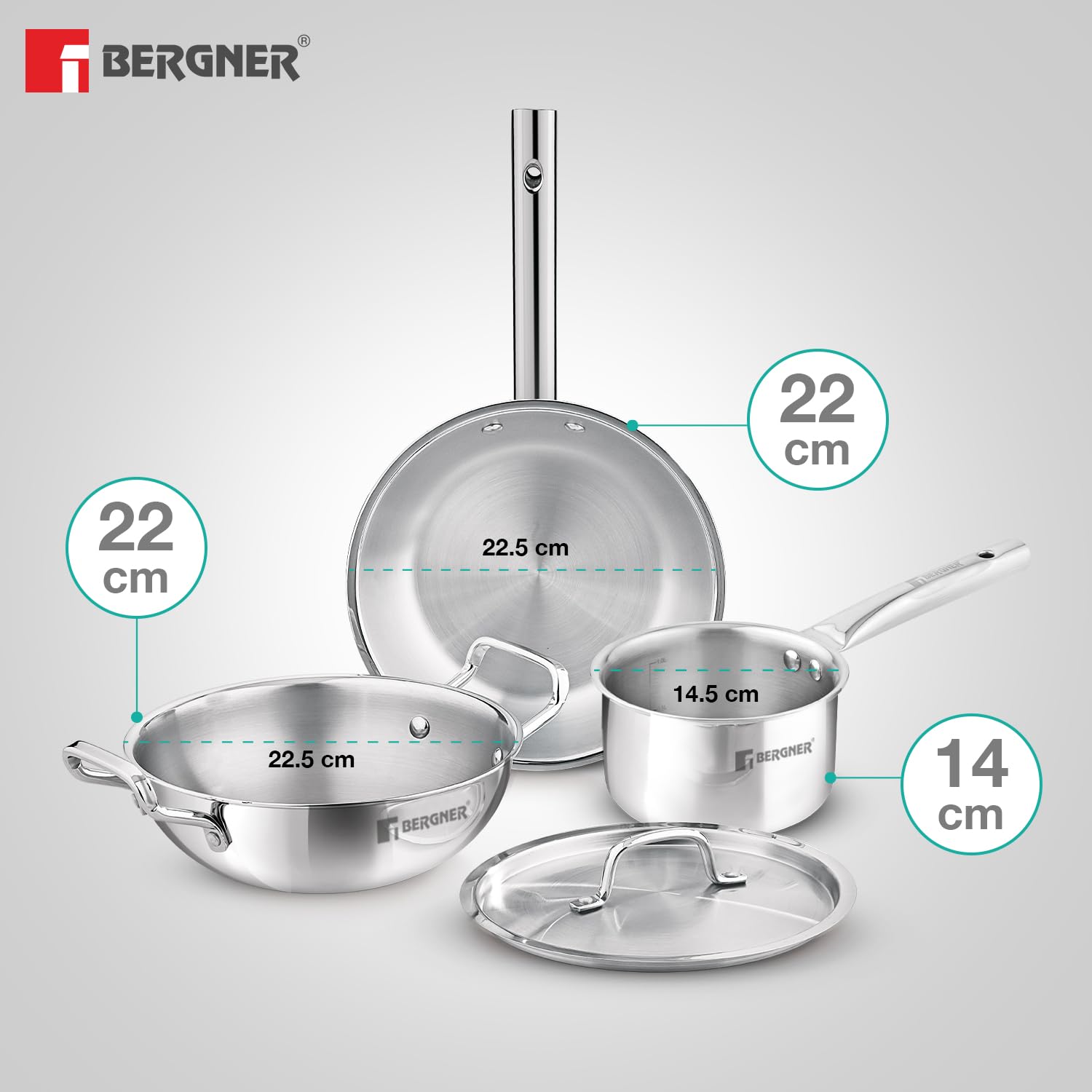 Bergner TriPro 4 Pcs Tri-Ply Stainless Steel Induction Bottom Cookware Set - 22cm (2L) Kadai and 22cm (1L) Frypan with Common Stainless Steel Lid, 14cm (1L) Teapan, Less Oil Use, Easy to Clean image 3