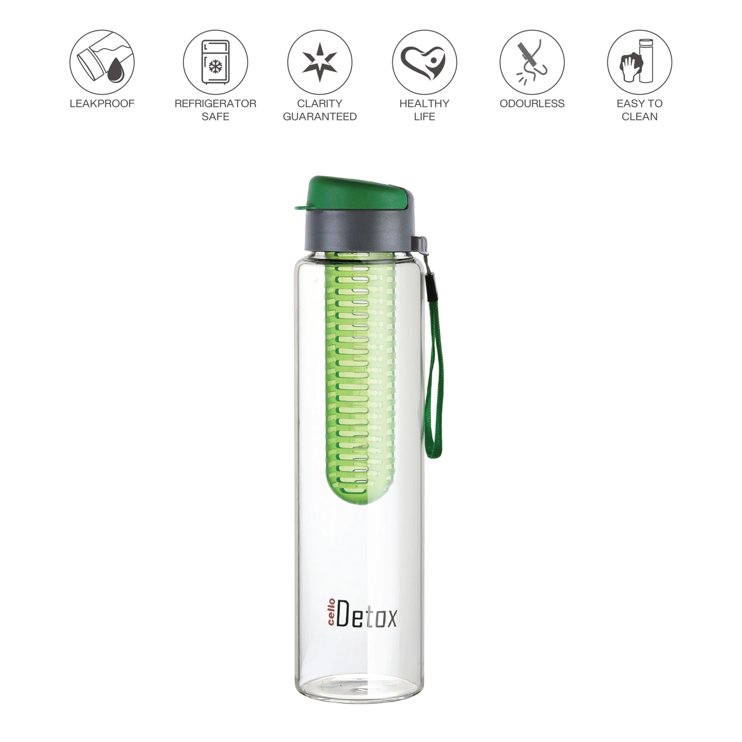 CELLO Fruit Infuser Glass Water Bottle for Office & Daily Use 750 ml Green | Durable & Stylish, Freezable & Fridge Safe, Leakproof Wide Mouth Leadfree Toughened Glass Water Bottle For Kitchen & Travel image 3