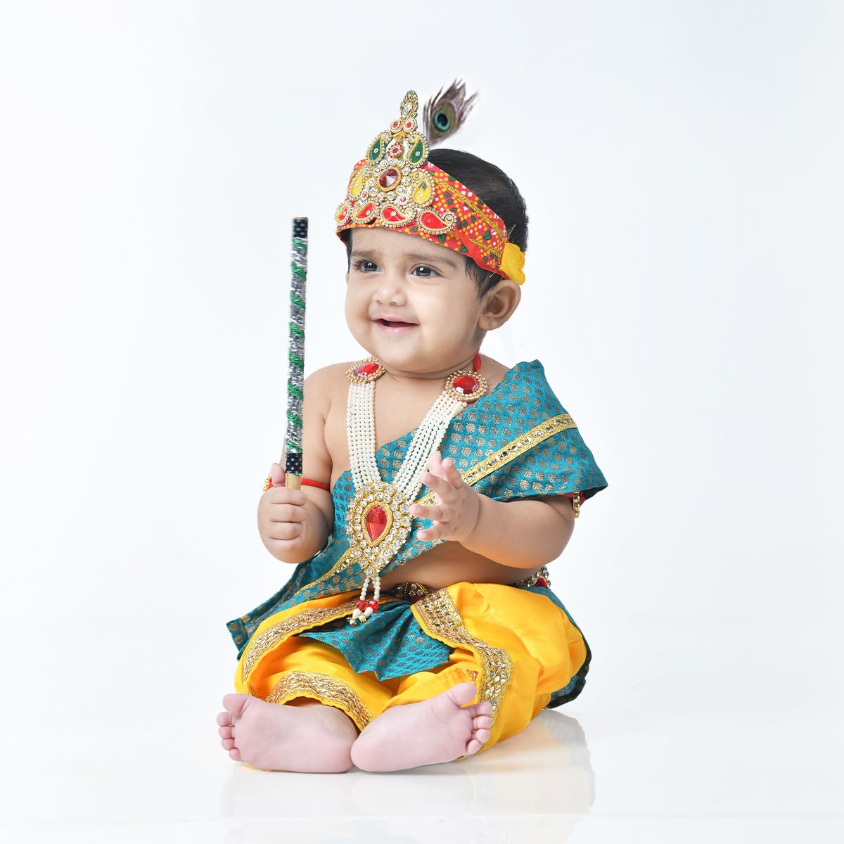 ITSMYCOSTUME Krishna Dress for Baby Boy Kids Set of 10(Dhoti,Hip Cover,Patka,Mukut,Morpankh,Bansuri,Kamarband,Bajuband,Kundal) Little Krishna Ji Kanha Janmasthmi Costume image 4
