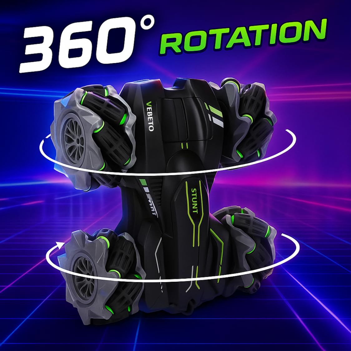 VEBETO Remote Control Drift Stunt Car Toy | 1 Year Warranty | 4x4 RC Car for Kids & Adult | High Speed Racing Car | Omni-Directional Wheels | 360° Rotation | Double Sided Driving | RGB Lights Music image 3