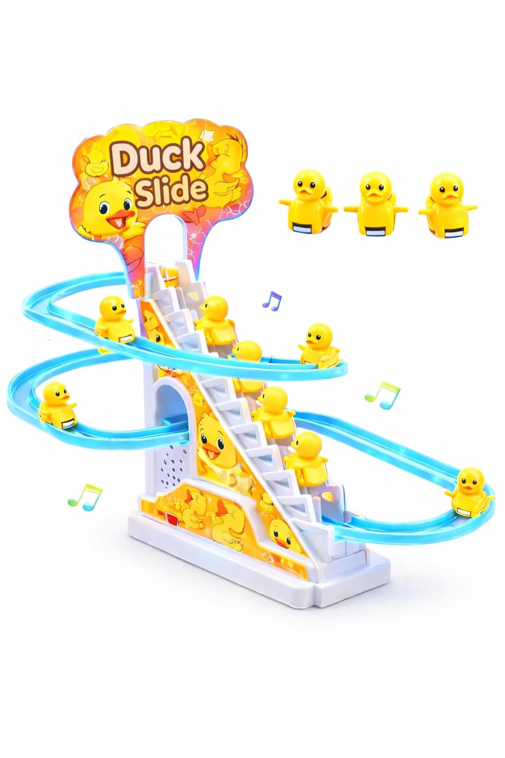 TEC TAVAKKAL Duck Slide Toy Set, Funny Automatic Stair-Climbing Ducklings Cartoon Race Track Set Duck Roller Coaster Escalator Toy with Flashing Lights & Music (Duck Slide Track Set)