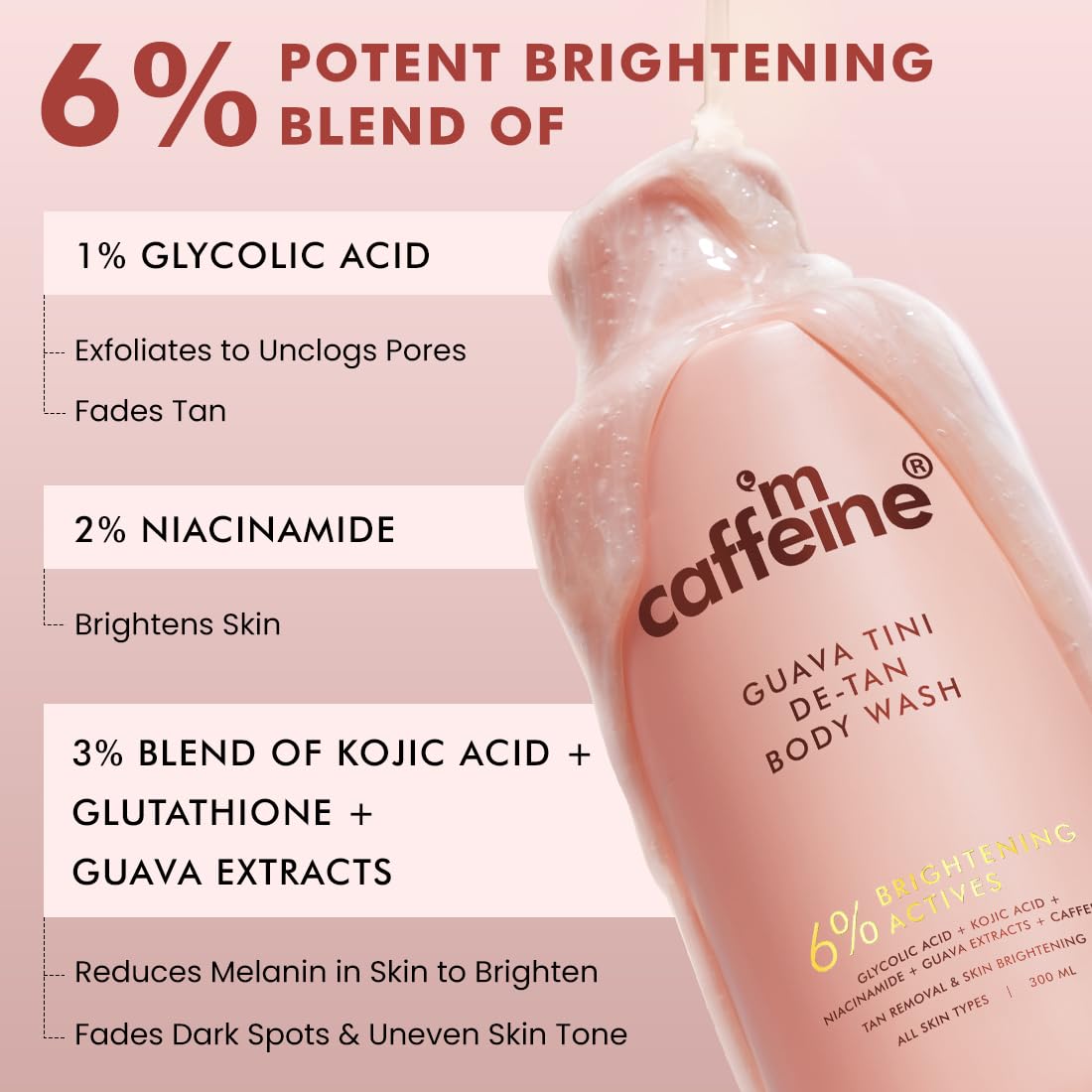 mCaffeine 1% Glycolic Acid Detan Body Wash 300ml | 2% Niacinamide, 3% Kojic Acid-Glutathione | Bodywash for Women & Men| Brightens, Hydrates, Reduces Dark Spots & Evens Tone | Guava Shower Gel for Dry Skin image 5