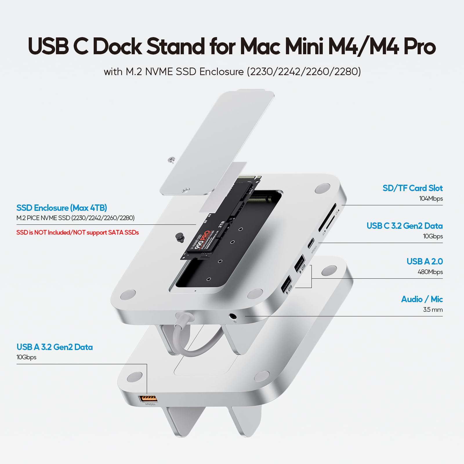 Mac mini M4 Hub with M.2 SSD Enclosure, 8-in-1 Vertical USB-C Hub Accessories for Mac mini M4 Pro 2024 Dock Stand with USB A/C 3.2 10Gbps, 2 x USB A 2.0, 3.5mm Audio Mic, SD/TF Card Readers image 2