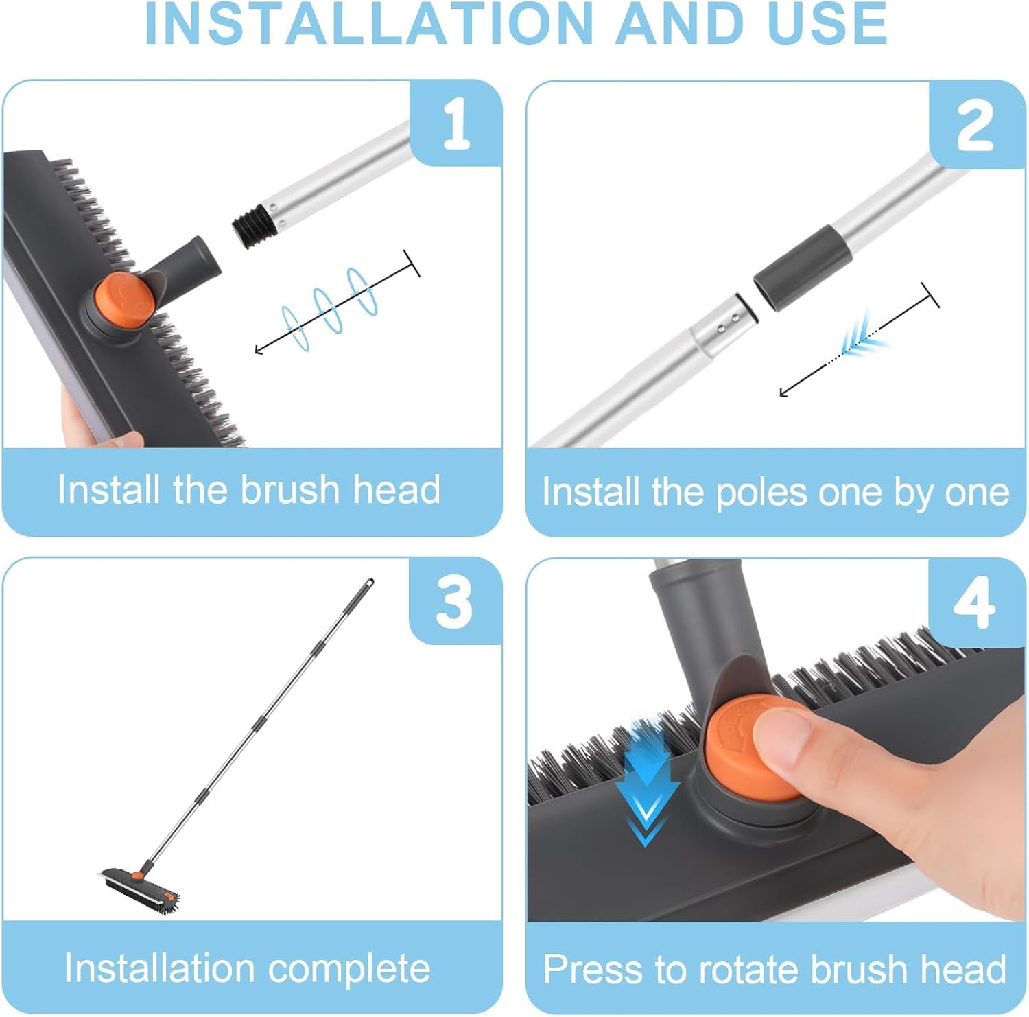 3 in 1 Bathroom Cleaning Brush with Wiper - Heavy Duty 52 inch Long Handle 360° Rotate Floor Scrubber Brush, Tiles Cleaning, Floor Scrub for Kitchen and Bathroom Wall image 5