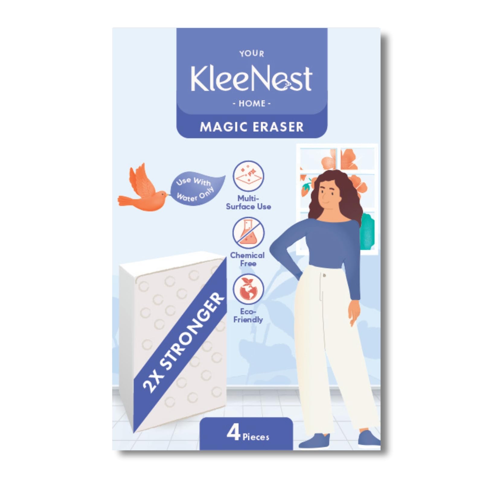 Kleenest Magic Eraser Cleaning Sponge – Pack of 4, Chemical-Free | Multi-purpose stain remover for walls, kitchen, bathroom & shoes. No chemicals needed.