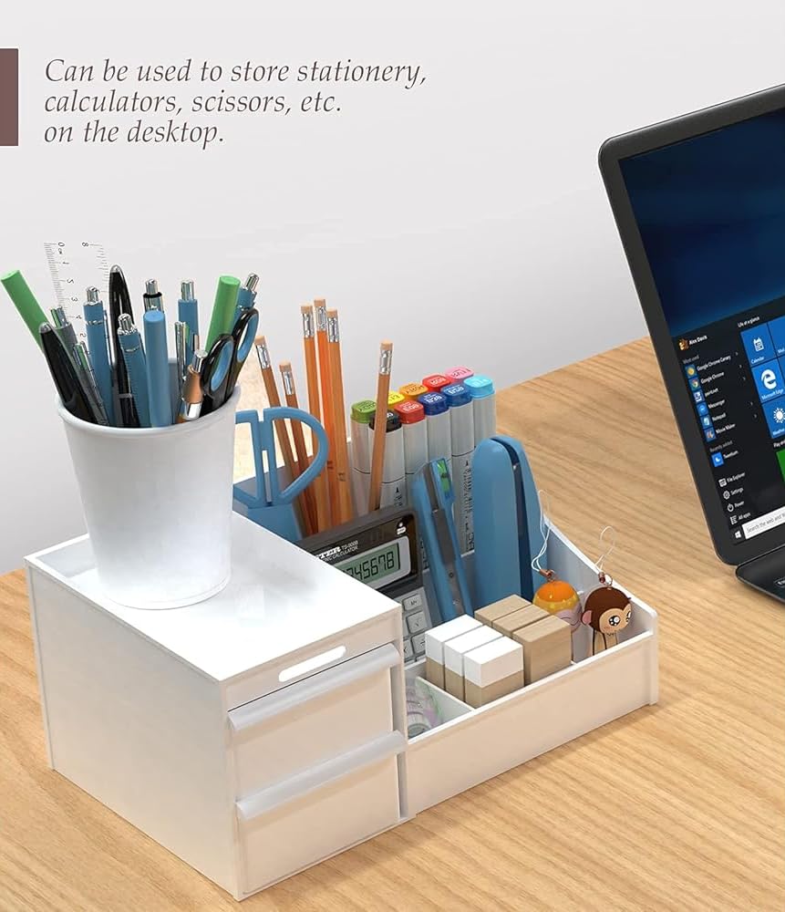 Shuttle Art Office Desk Organizer with Drawer, All in One Office Supplies and Cool Desk Accessories Pen Holder, Enhance Your Decor, Desktop 8-Compartment Laddered Desk Organizer(White) image 2