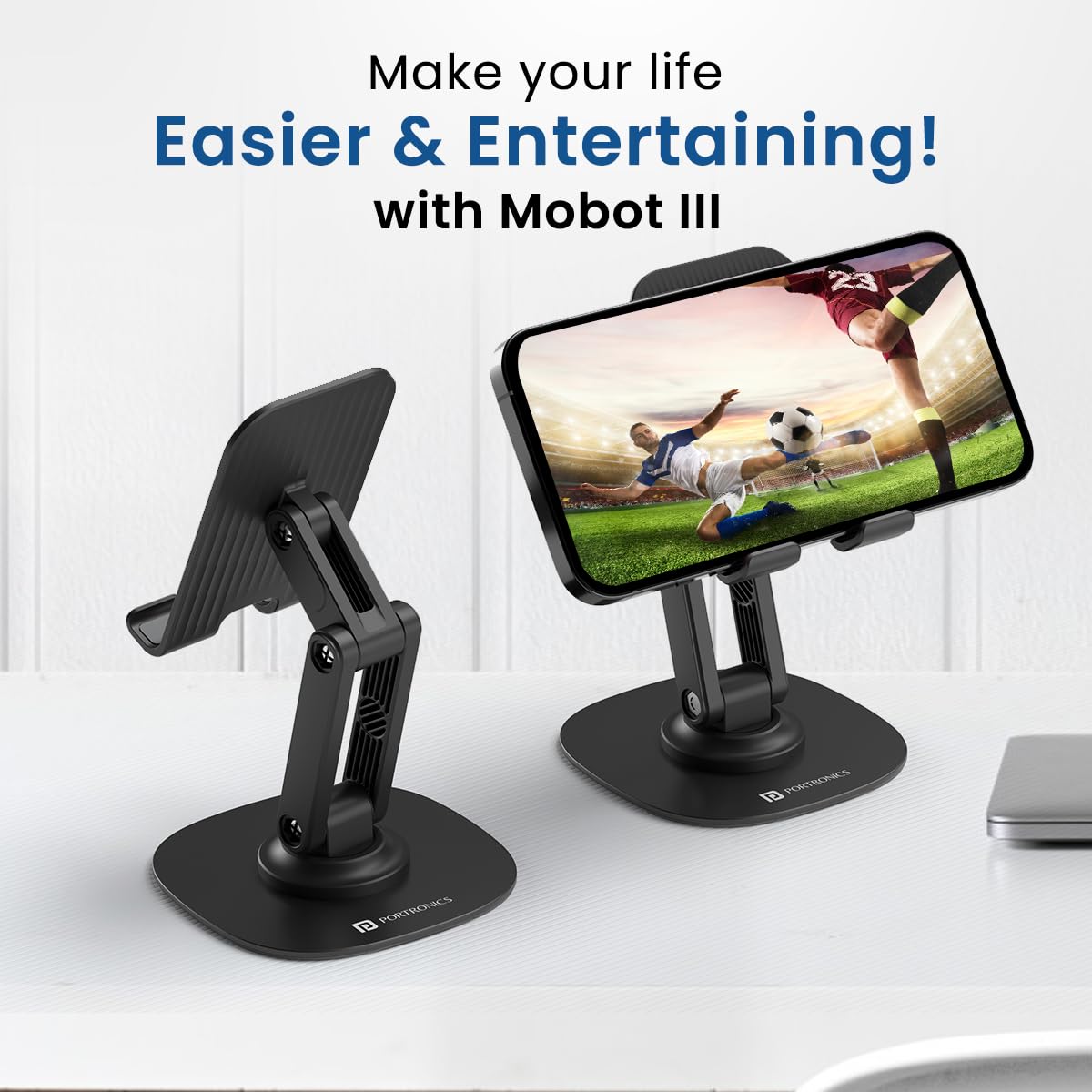 Portronics Mobot III 360° Rotatable & Foldable Mobile Phone Holder With Stable Metallic base,Adjustable Height, Anti Skid Pad,Tabletop Mobile Phone Stand for all Smartphones,tablets,Kindle,ipad(Black) image 2