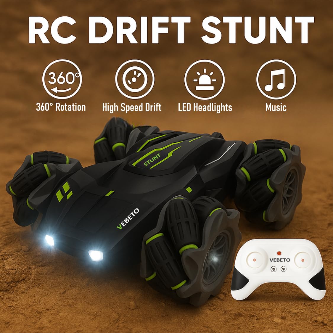 VEBETO Remote Control Drift Stunt Car Toy | 1 Year Warranty | 4x4 RC Car for Kids & Adult | High Speed Racing Car | Omni-Directional Wheels | 360° Rotation | Double Sided Driving | RGB Lights Music image 2