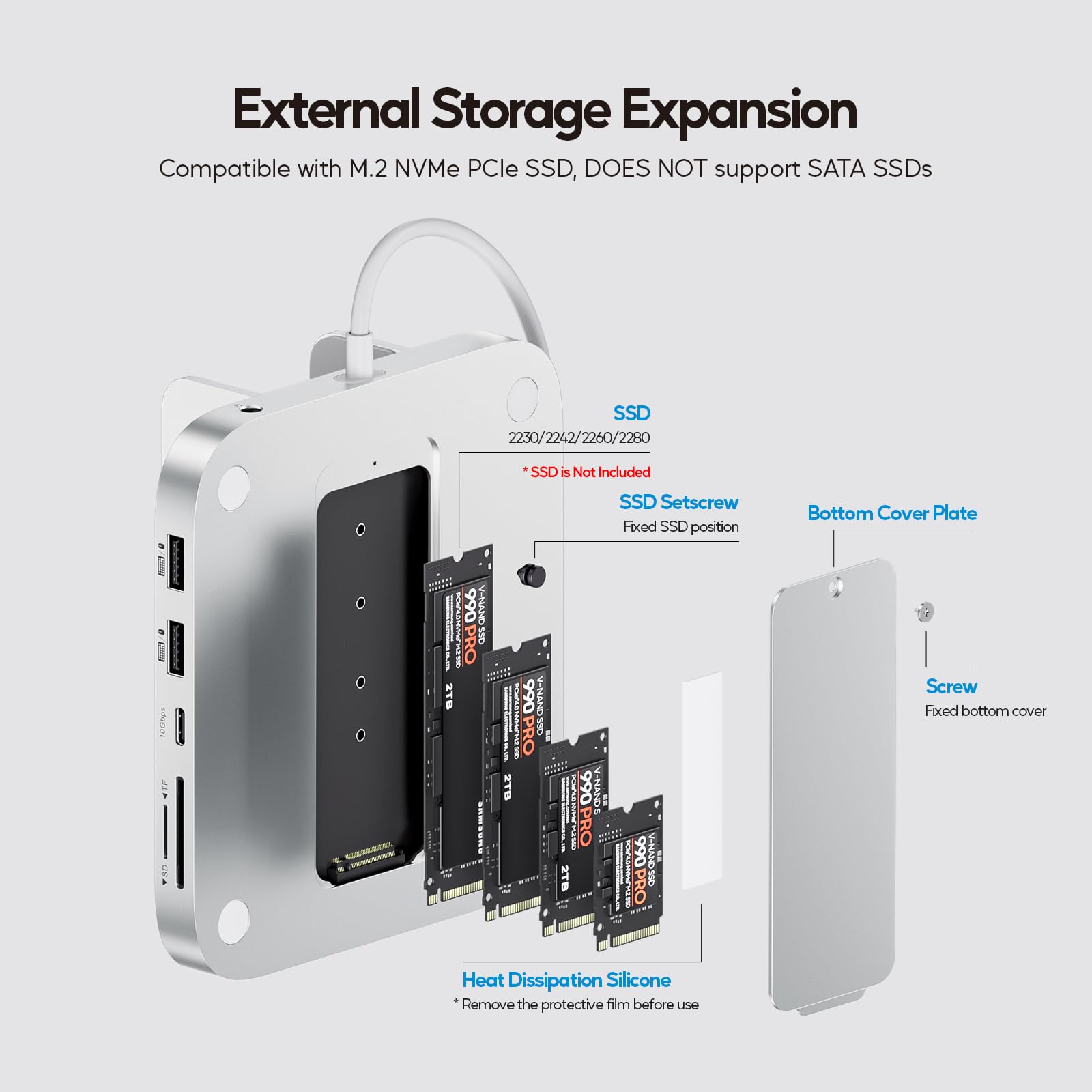 Mac mini M4 Hub with M.2 SSD Enclosure, 8-in-1 Vertical USB-C Hub Accessories for Mac mini M4 Pro 2024 Dock Stand with USB A/C 3.2 10Gbps, 2 x USB A 2.0, 3.5mm Audio Mic, SD/TF Card Readers image 3