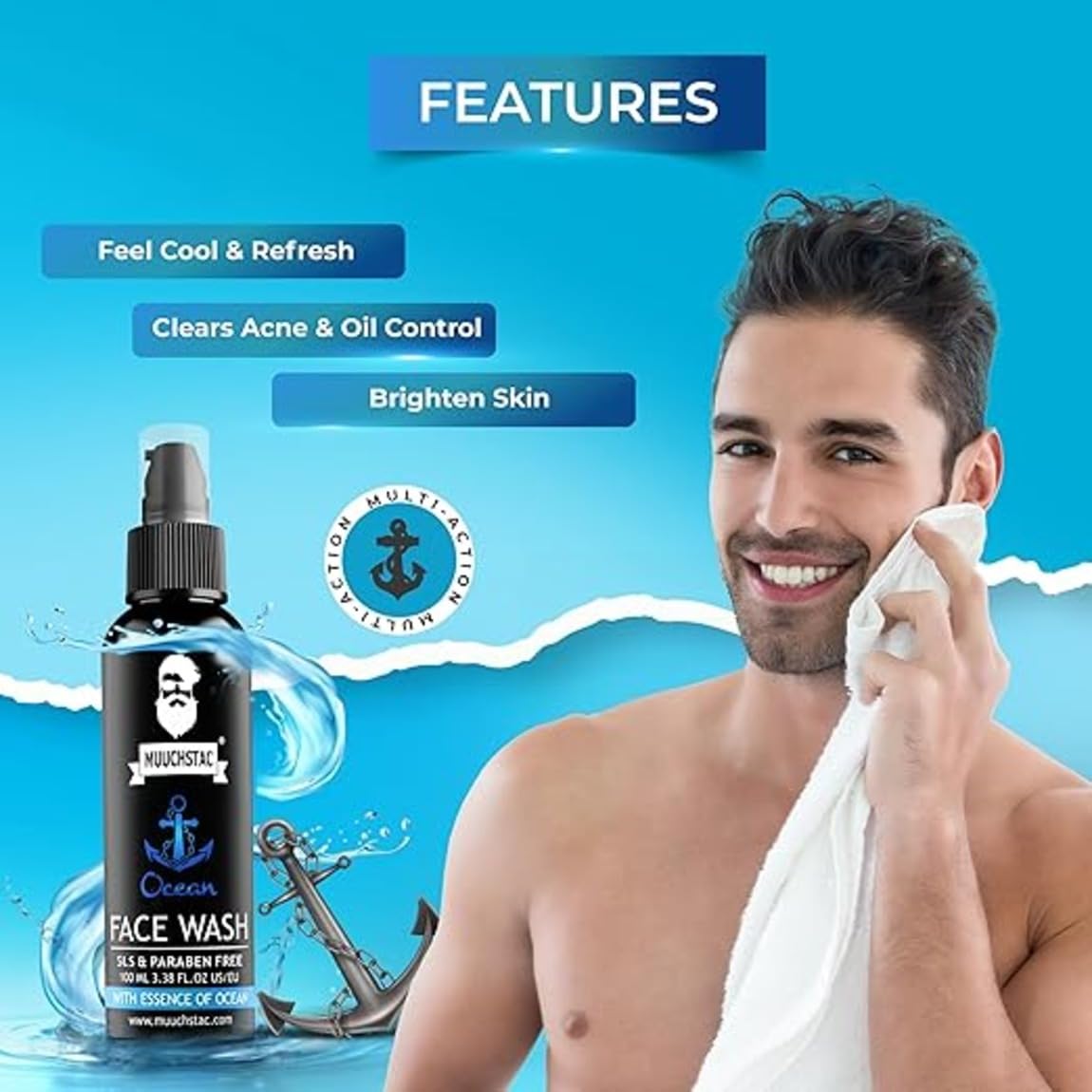 Muuchstac Ocean Face Wash for Men (2 x 100ml) – Anti-Acne/Pimple, Oil Control & Skin Brightening Cleanser – with Niacinamide, Menthol & Licorice Extracts – For All Skin Types image 2
