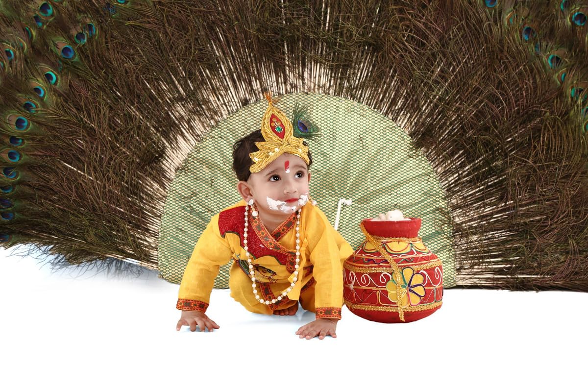 Kids Krishna Costume Set for Boys & Girls | Bal Gopal Kanha Janmashtami Fancy Dress with Dhoti, Patka, Pagri, Mor Pankh, Bansuri & Jewellery image 2