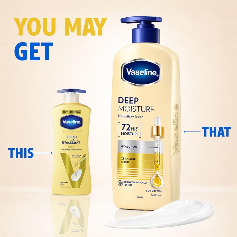 Vaseline Deep Moisture Body Lotion with Ceramide Hyaluron Fillers | 10X More Moisture for Cushion Soft Glowing Skin | For Dry Skin | Lightweight Non-Sticky Formula | 600ml image 3