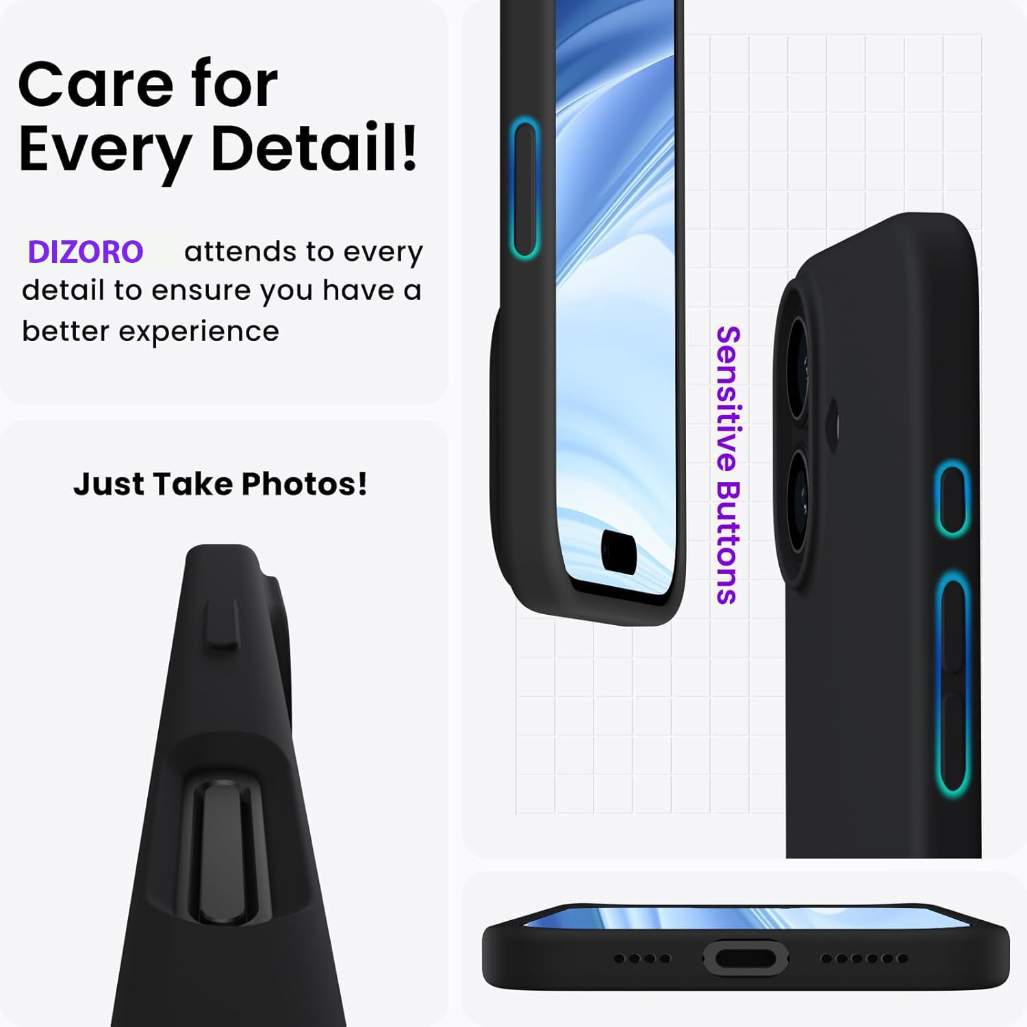 DIZORO Compatible for iPhone 16 Case 6.1, Slim Liquid Silicone 3 Layers Full Covered Soft Gel Rubber Phone Case Protective Cover 6.1 Inch - Black image 4