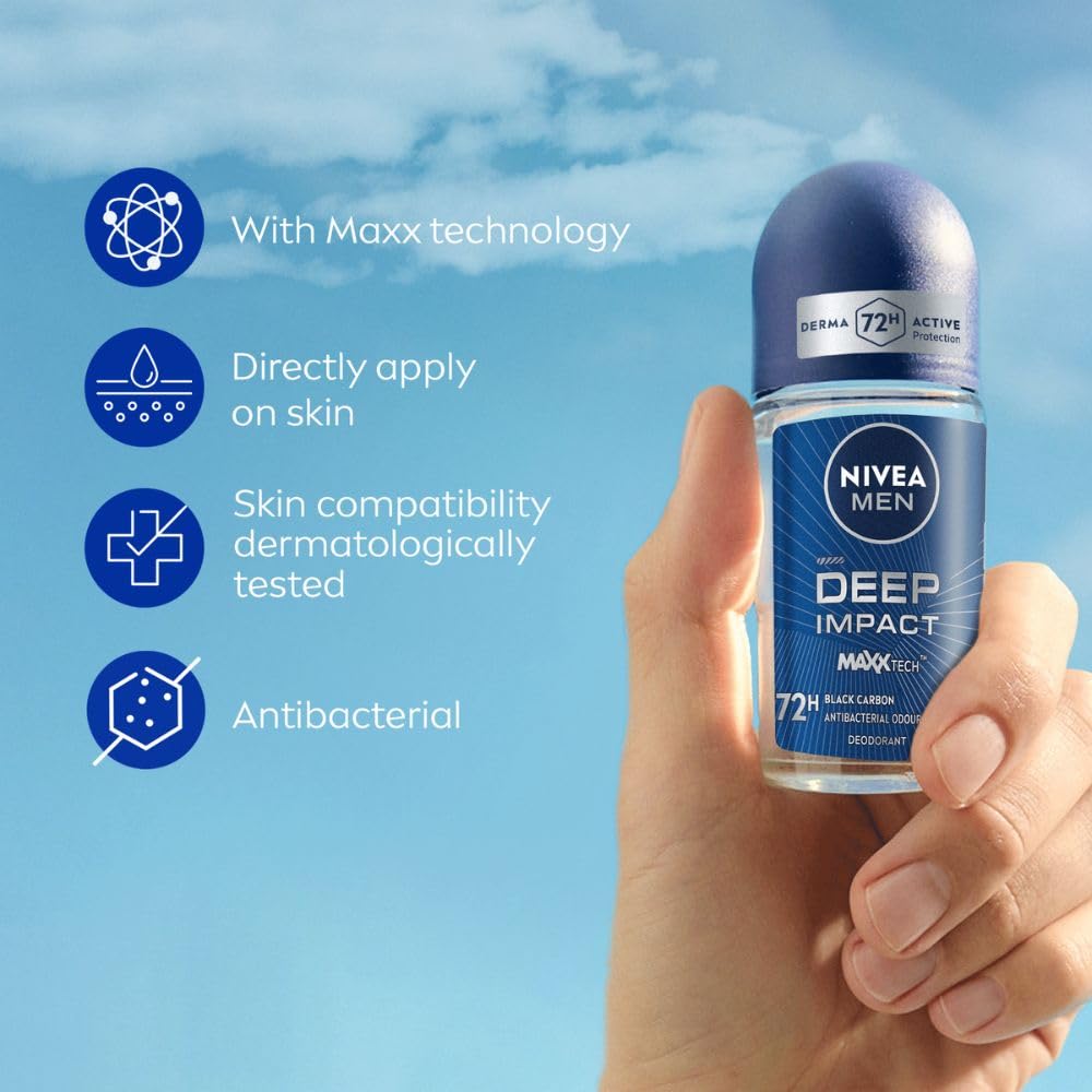 NIVEA MEN Deep Impact Freshness Underarm Roll On Deodorant for Men with Black Carbon | Long Lasting Antiperspirant Roll On for Body Odour Control | Alcohol Free Underarm Deodorant Roll On 50ml image 5